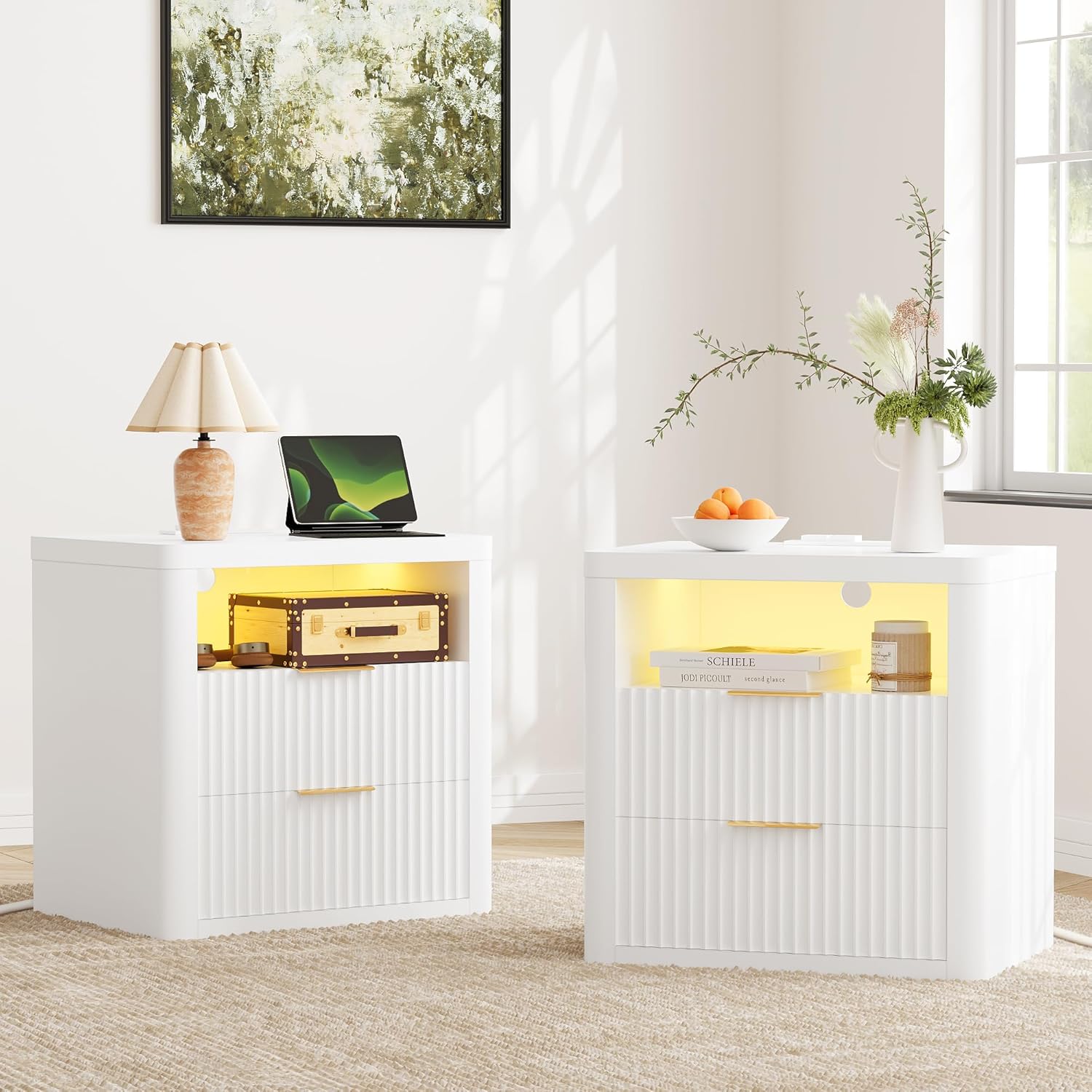 YESHOMY Fluted Nightstands Set of 2 with Charging Station,24" Night Stand with 2 Drawers and Storage Shelf,RGB LED Lighting,Arc Edge Fluted Bedside Table for Bedroom,Pure White