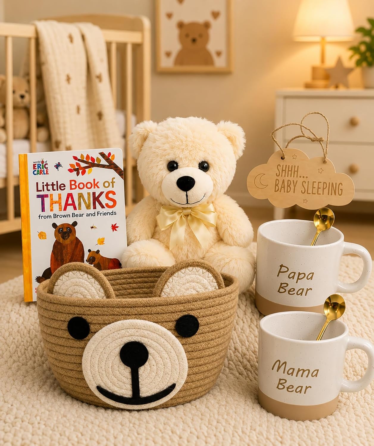 Baby Gift Basket for Newborn Baby Boy or Girl & Parents – Bear Theme New Baby Gift Set with Mama Bear & Papa Bear Clay Mugs, Baby Essentials, Storage Basket, Baby Book & Keepsakes