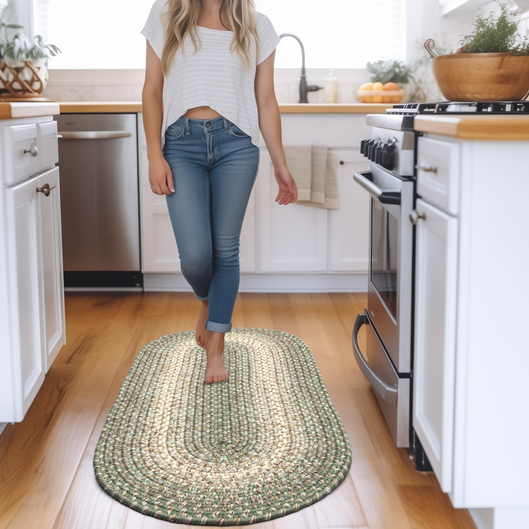 Super Area Rugs Braided Rugs Farmhouse Kitchen Rug - Ridgewood Braided Rug for Living Room - Reversible - Indoor/Outdoor - Made in USA - Forest Green/Beige, 2' X 8' Oval Runner