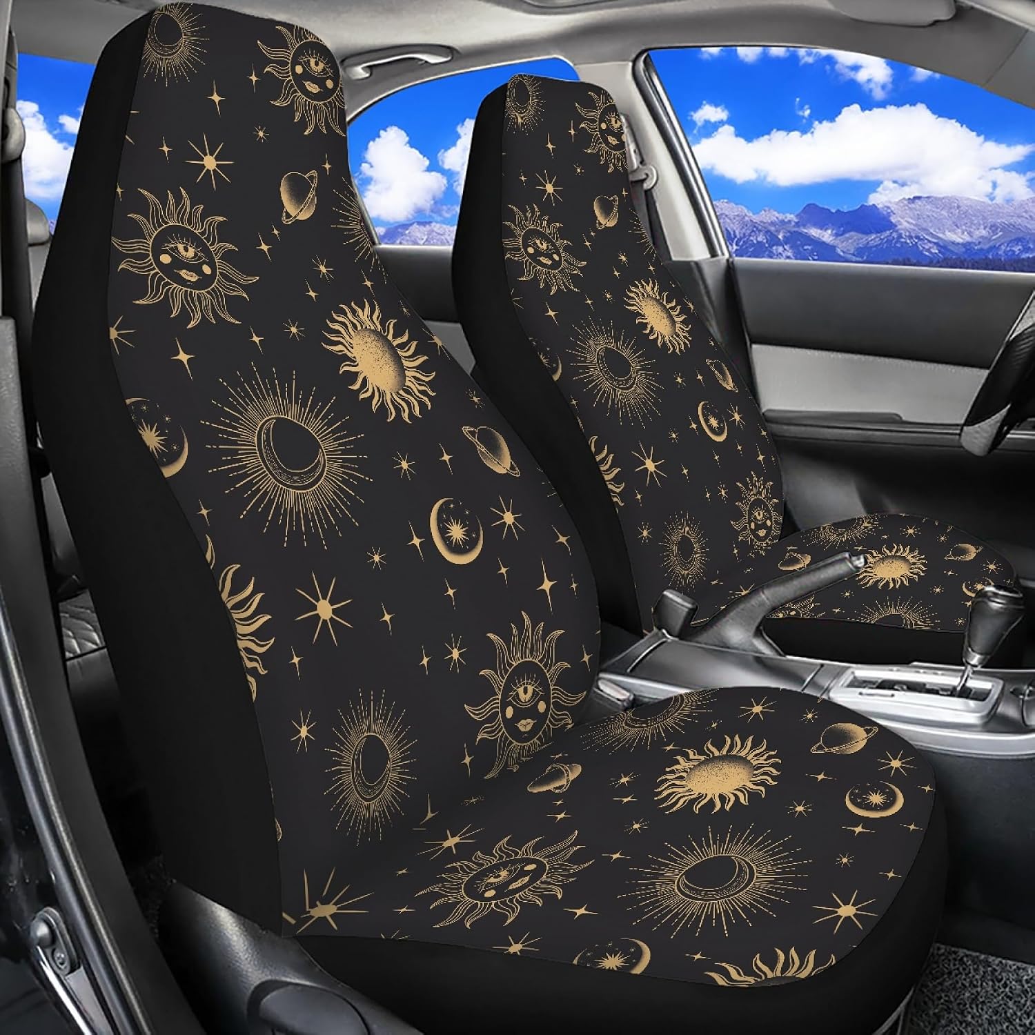 Gold Sun and Moon Car Seat Cover Set for Front Seat Only Auto Front Bucket Seat Cover Protection Vehicle Interior Accessory for SUV Van Sedan Truck