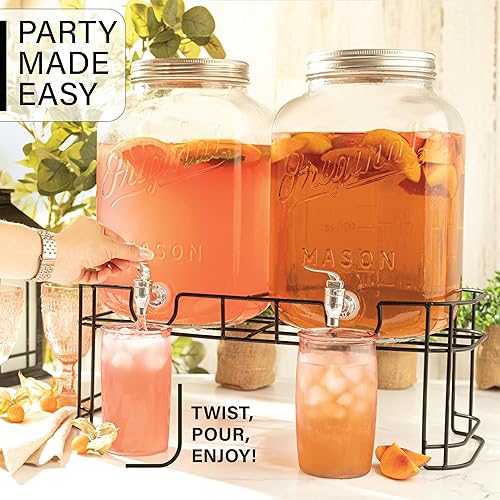 Miniatura 7 de 2 galones  Paquete de 2 dispensadores de bebidas para fiestas, dispensadores de bebidas Mason originales con soporte, dispensador de jarra de agua