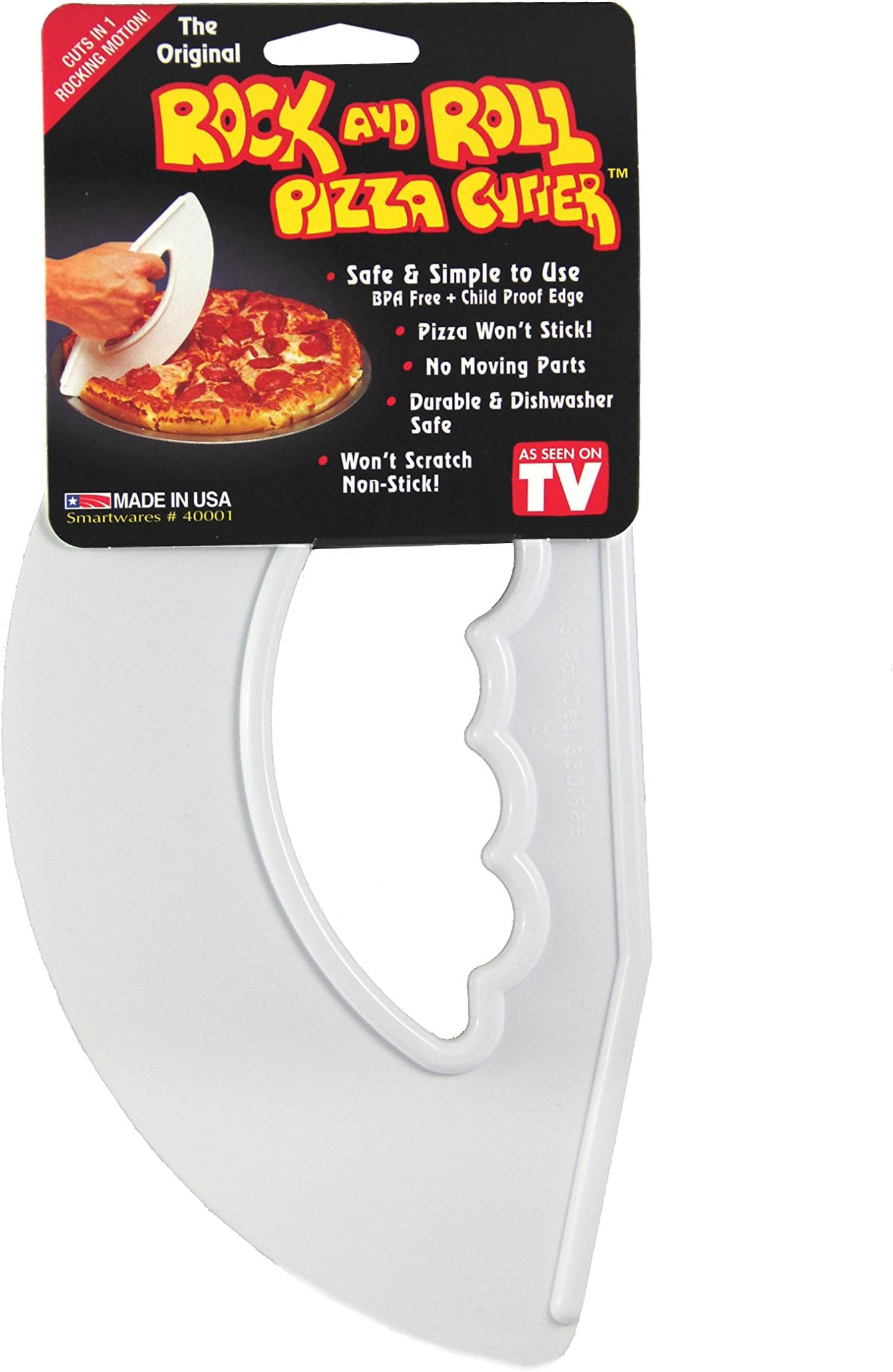 Rock and Roll Pizza Cutter, Plastic, Non-Stick, Rocking, 9 inch, Easy Clean, Dishwasher Safe, Handheld Pizza Slicer, Easier Slicing Tool, Baking Tools, Pastry Bread Cutting Knife, Made in USA, White