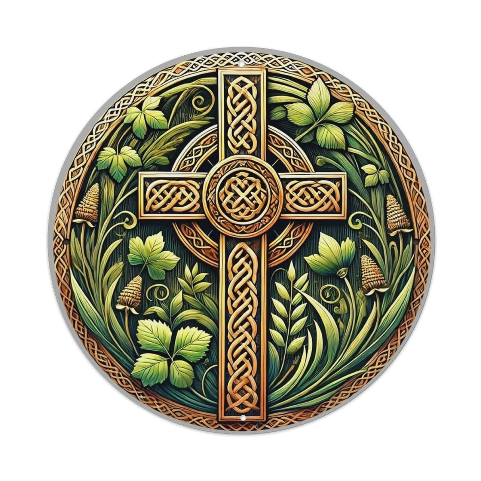 Celtic Cross With Green Leaves Tin Sign Metal Poster Vintage Metal Signs for Home Man Cave Bar Cafe Kitchen laundry room Wall Decorations 8x8 inches