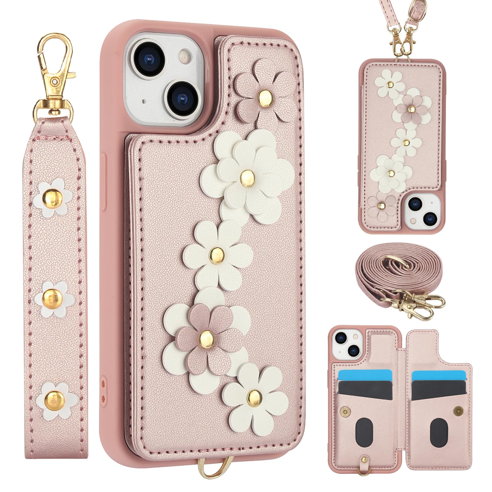 Konstreet for iPhone 15 Case Exquisite Leather Built-in Flip Card Holder Freshness Small Flower Pattern with Long and Short Strap flip Bracket Daily