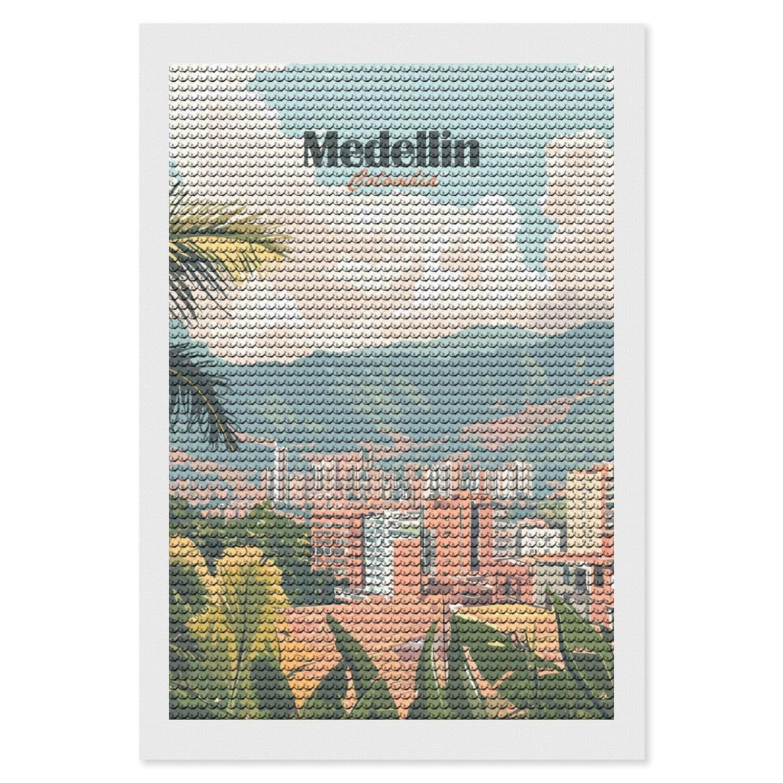 Junmoney Medellin Colombia Cityscape Travel Diamond Painting Canvas Kit 8"x12", Round Gems, Living Room Decor, Seasonal Gift Choice, Modern Decor