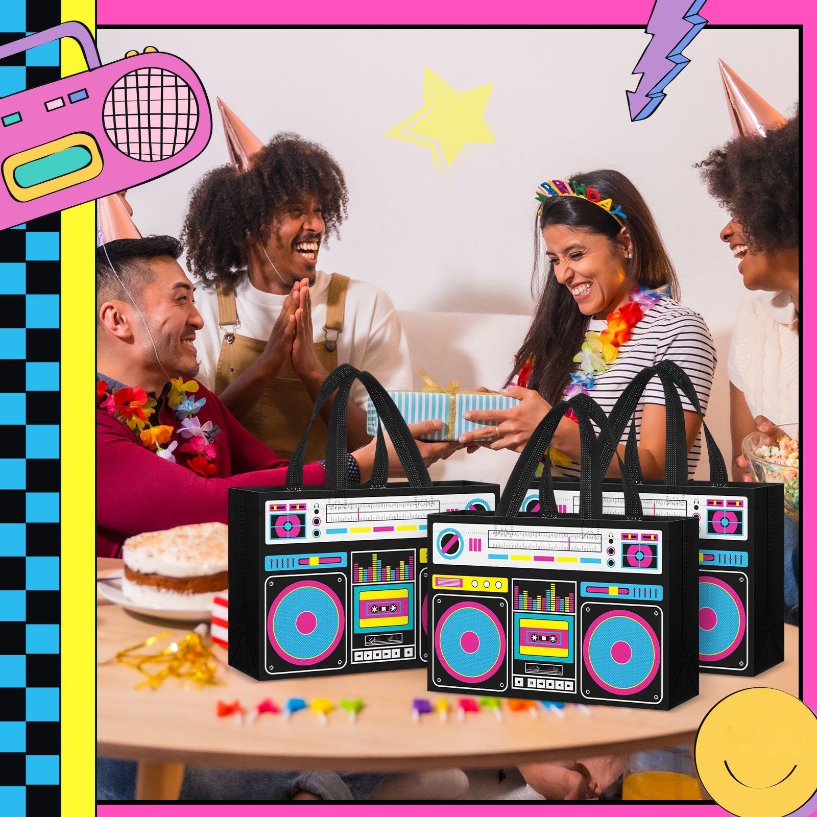 Locmeo Partytüten im Stil der 80er-90er-Jahre, nicht gewebt, Retro-Radio, Lebensmitteltüten für Hip-Hop, Geburtstag, Disco, Rock-Party, Schwarz, Gelb, 24 Stück