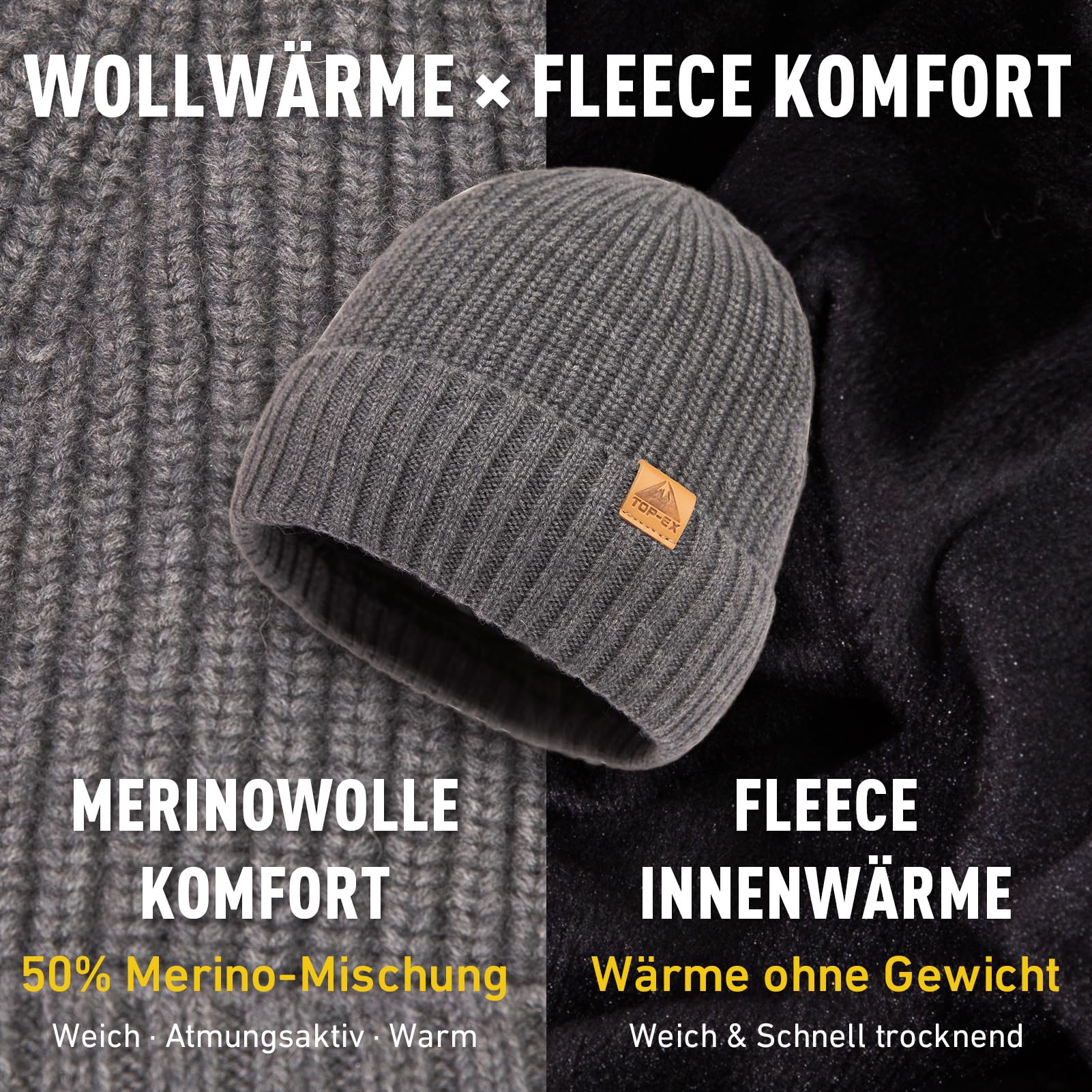 TOP-EX Bonnet d'hiver en laine mérinos XL/XXL - Bonnet tricoté chaud avec poignets et doublure polaire - Bonnet extensible unisexe pour homme et femme - Cadeau pour les jours froids