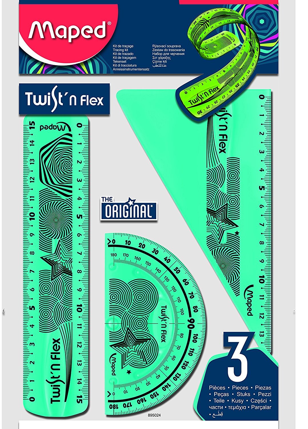 Kit 3 Pièces Maped Twist 'n Flex : Règle, équerre, Rapporteur - Couleurs Assorties - Souples Et Résistants