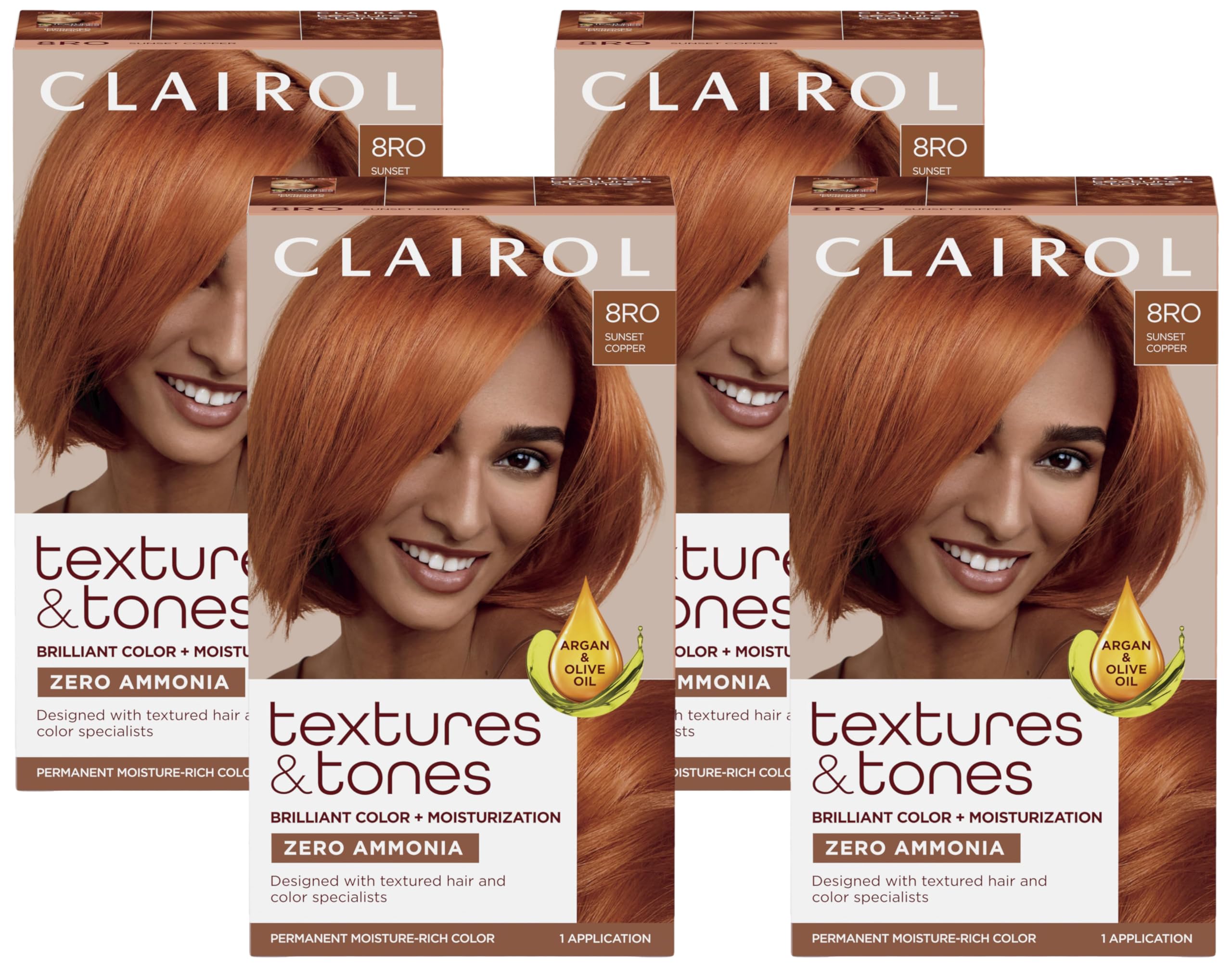 ClairolTextures & Tones Permanent Hair Dye, 8RO Sunset Copper Hair Color, Pack of 4