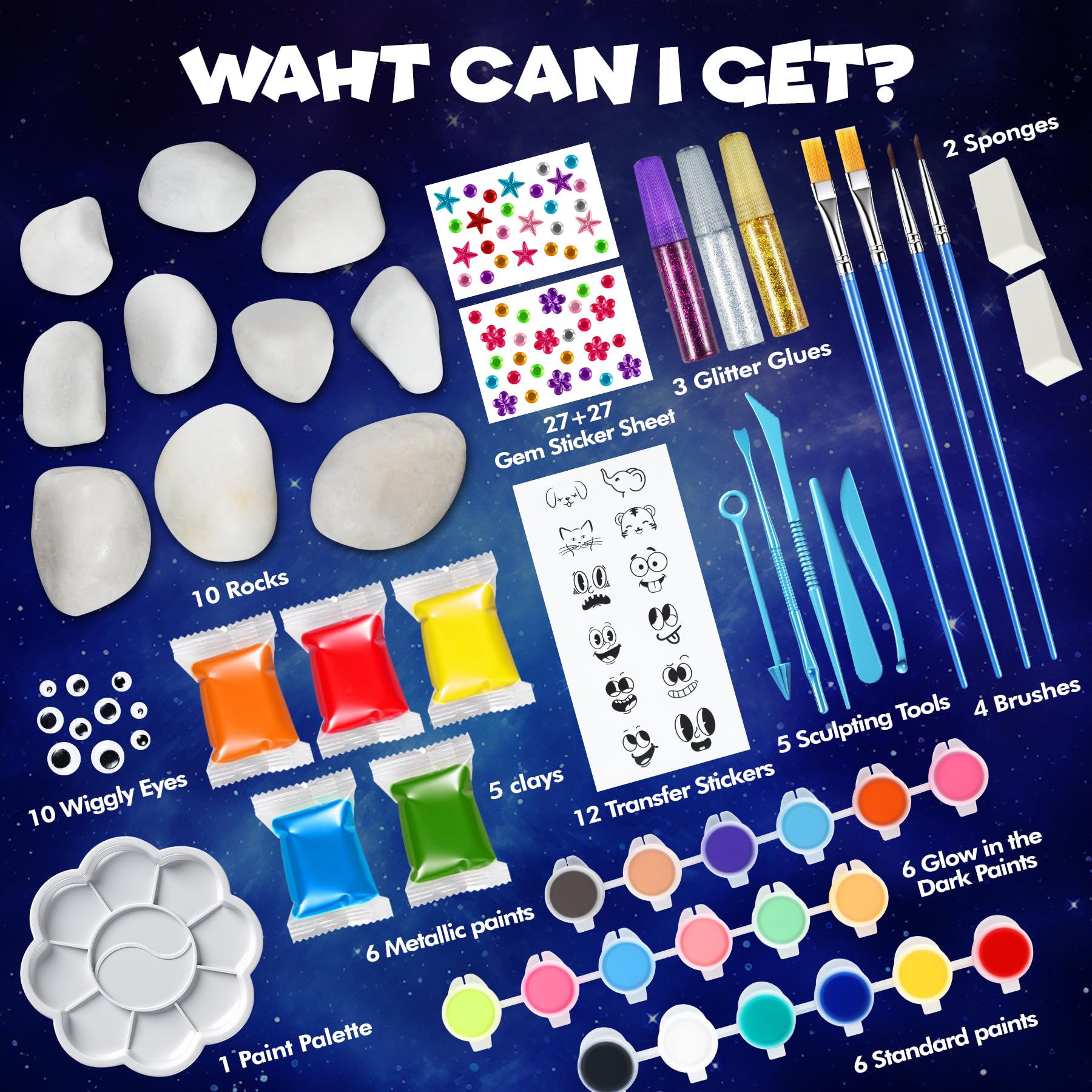 LUVTOY Kit De Pintura De Piedras Para Niños – Completo Con Pinturas Fosforescentes, Arcilla Y Accesorios