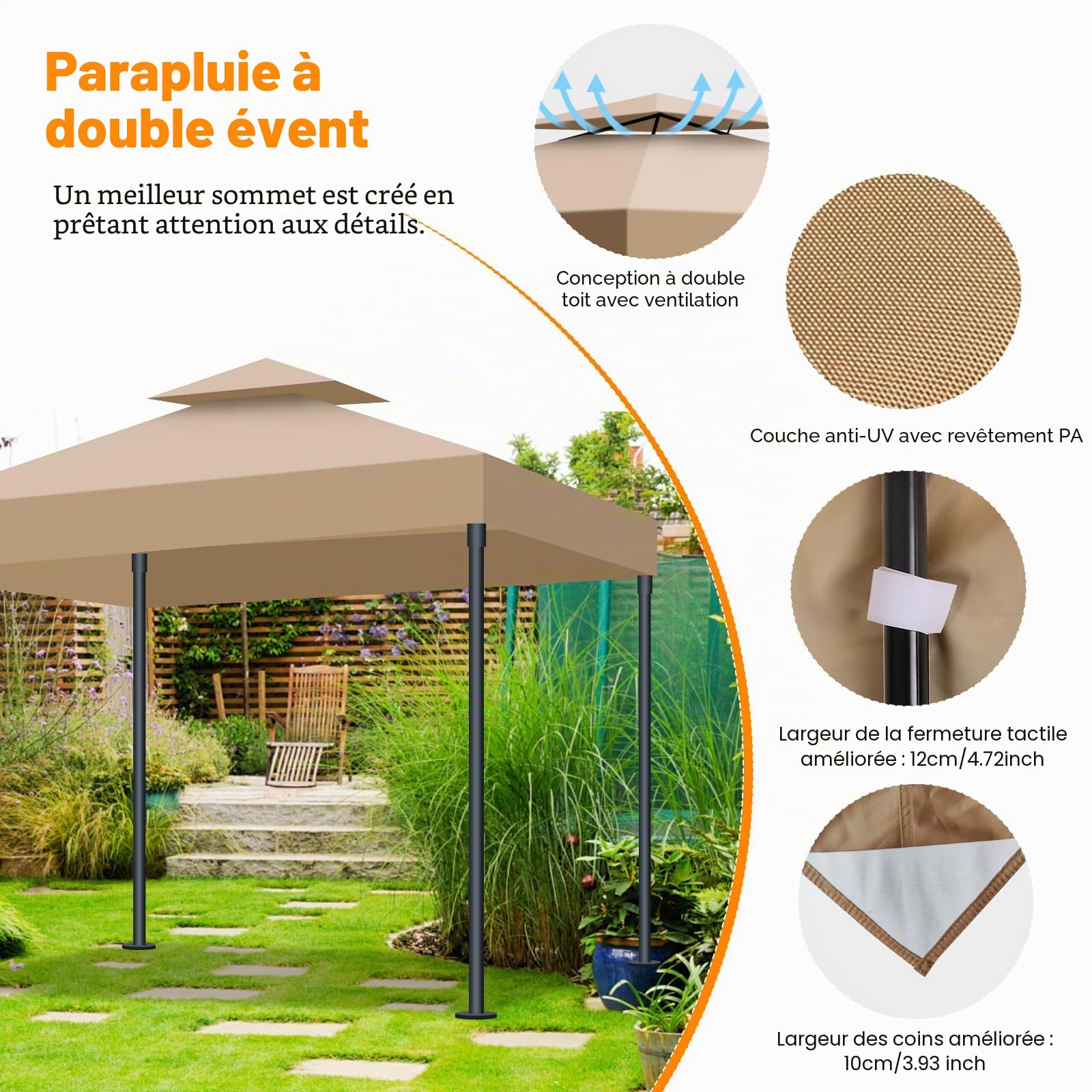 Toit de Remplacement pour Tonnelle 3x3m Imperméable et Protection Solaire, Double Ventilation Toile Rechange Tonnelle pour Jardin, Camping et Terrasse (Kaki)