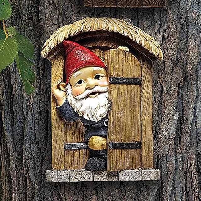 Garden Gnome Statue - Knothole Welcome Gnomes - Gnome Tree Door - Fairy Garden - Gnome Village