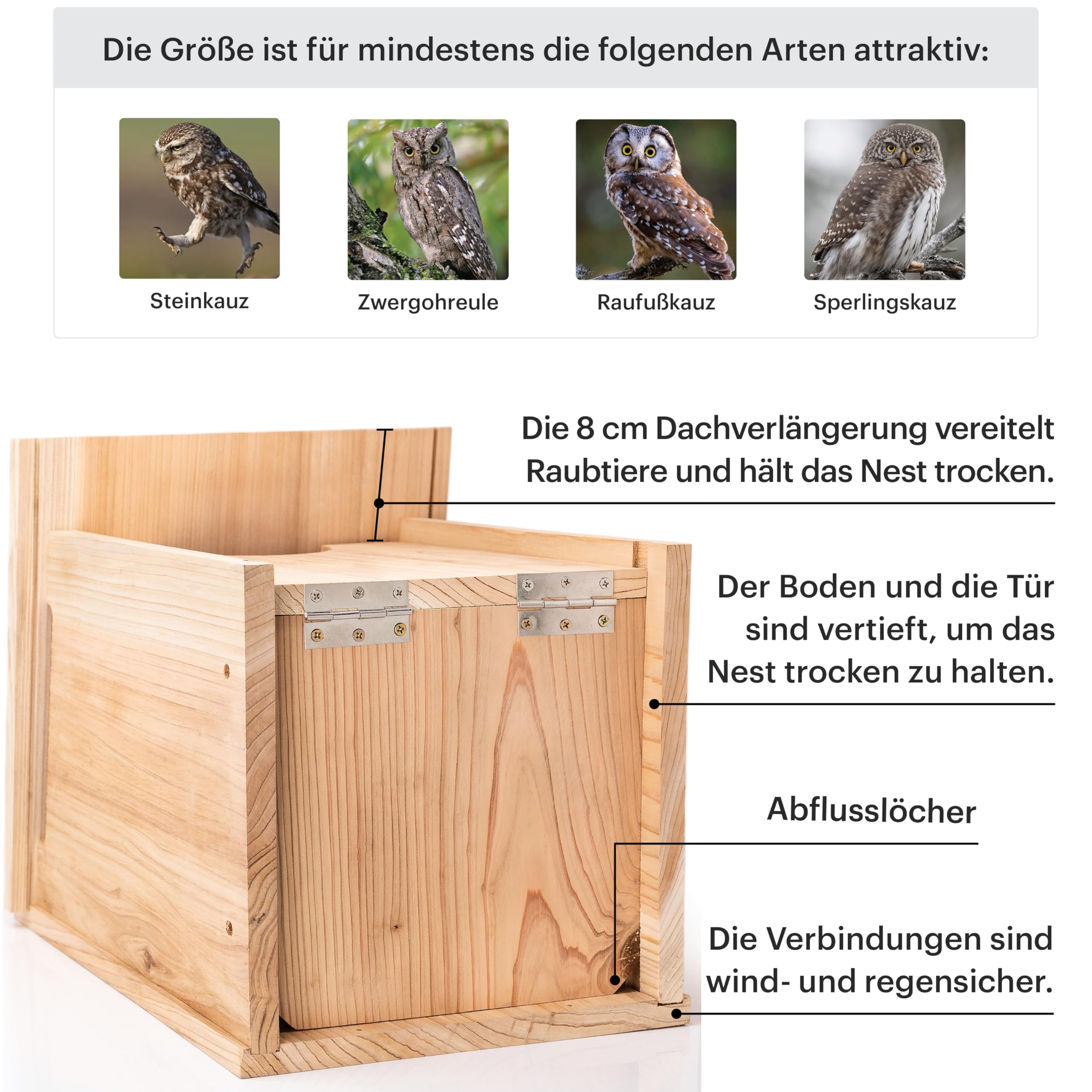 WHITEHORSE Großes Eulenhaus - Premium Zedernholz - Wetterfestes Design - 41 x 30 x 28 cm - EIN Nistkasten für mehrere europäische Eulenarten