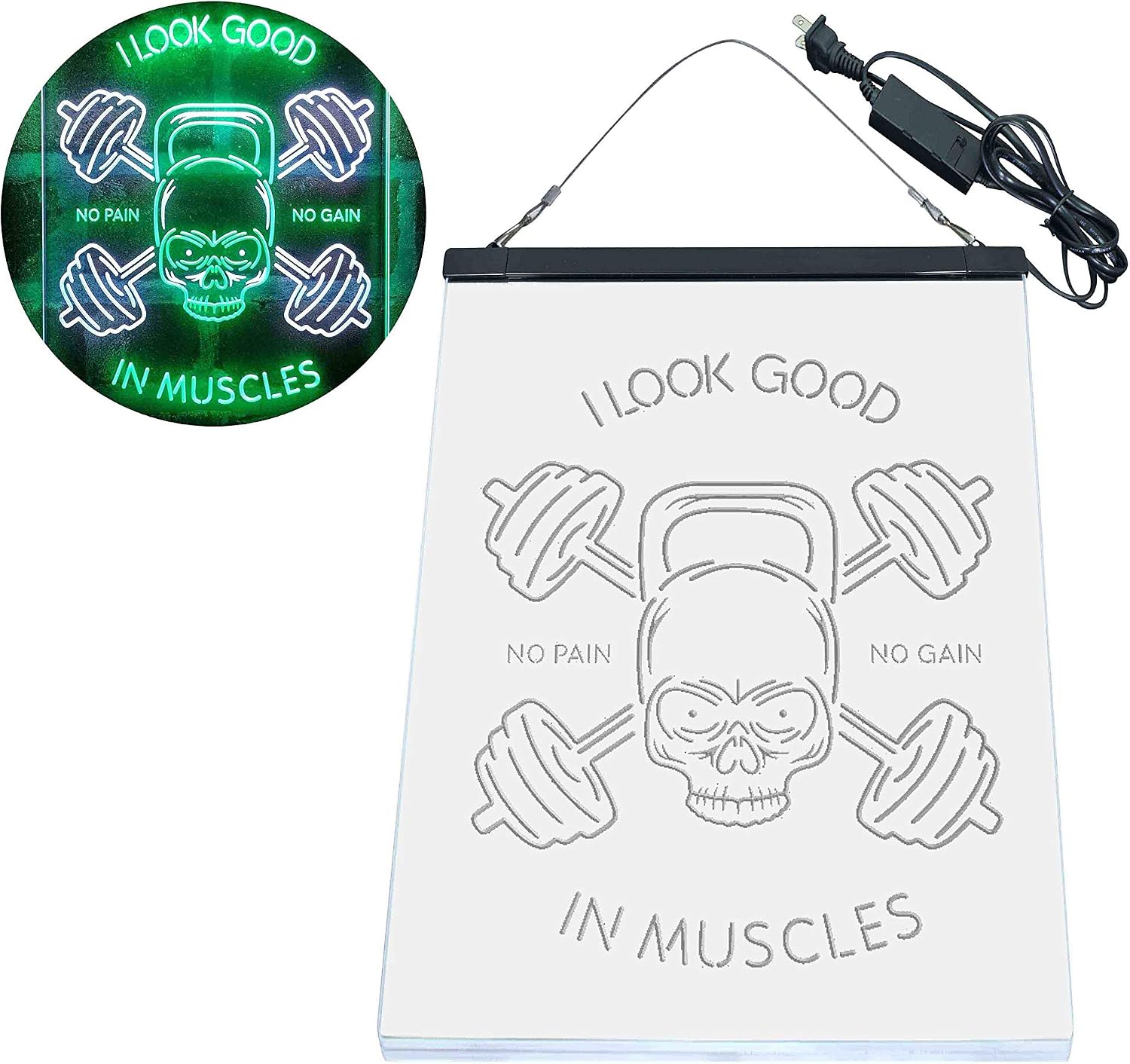 ADVPRO No Pain No Gain I Look Good in Muscles Weight Train Gym Fitness Dual Color LED Neon Sign White & Green 8 x 12 Inches st6s23-i4093-wg