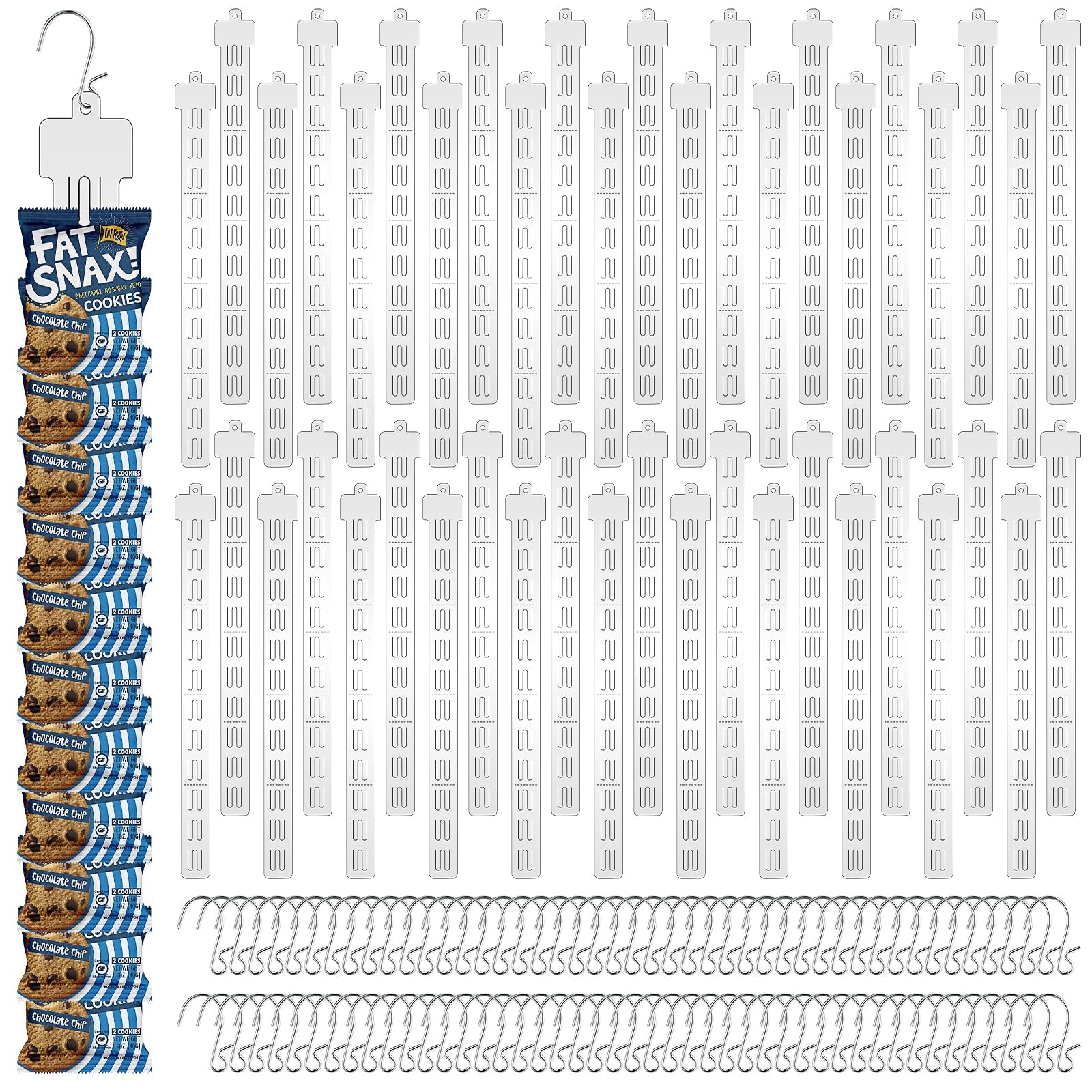 Bandes à suspendre avec crochets en S pour organiser les sachets de friandises en magasin