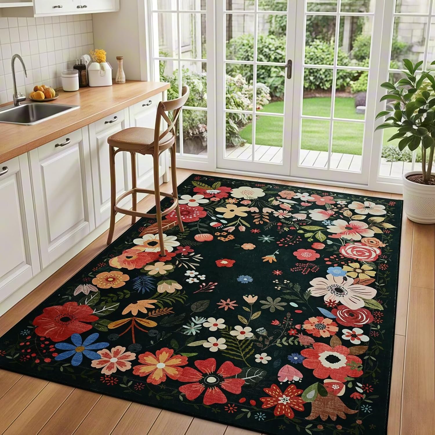 Vasofe 5x7 Rug for Bedroom,Washable Rugs for Living Room, Dining Room, Indoor Floor Mat, Floral Printed Mats for Nrusery, Farmhouse, Laundry Room,Non Slip Low Pile Soft Modern Carpet, Black