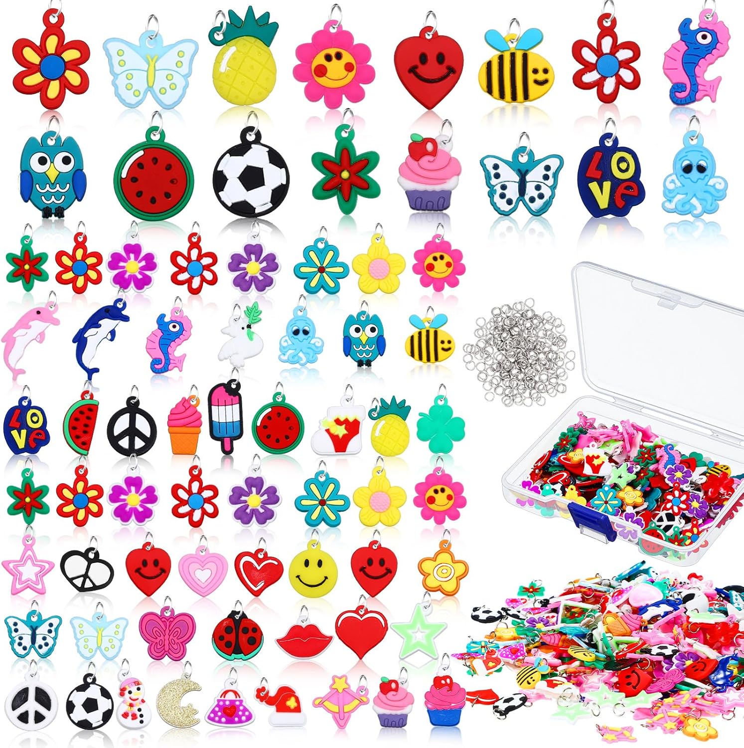 Hanaive 400 Pcs Rubber Band Bracelet Charms Rainbow Silicone Rubber Loom Band Charms Summer Colorful Jewelry Bracelet Making Kit DIY Necklace Pendant with 400 Pcs Opening Rings for DIY Craft