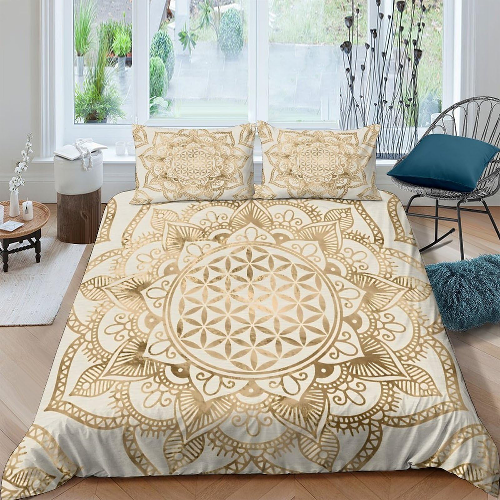 Ctjqhvkz Style-8 3D Printed Mandala Beige Fitted Sheet Microfiber Soft Slip-Resistant Boho Flower Bed Sheet For Bedroom Guest Room Single（135X200cm）