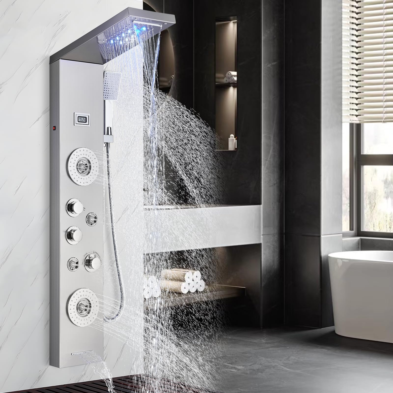 AlenArt Shower Panel Tower System LED Rainfall Waterfall Shower Head with 4 Body Massage Jets and Hand Shower, 6-Function Faucet Rain Massage System with Tub Spout Stainless Steel, Brushed Nickel