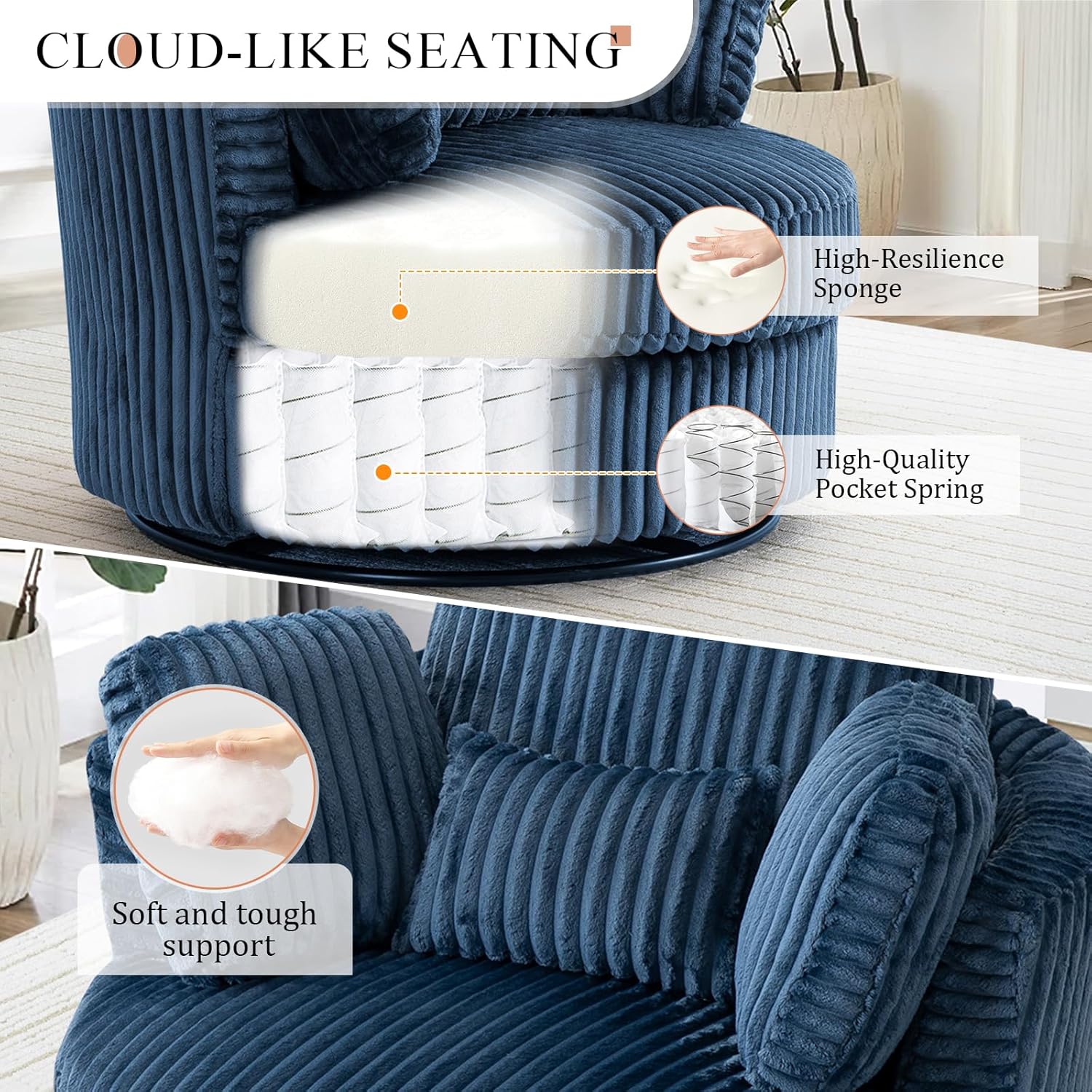 Cutaway view of the chair's cushion showing high-resilience sponge and high-quality pocket springs