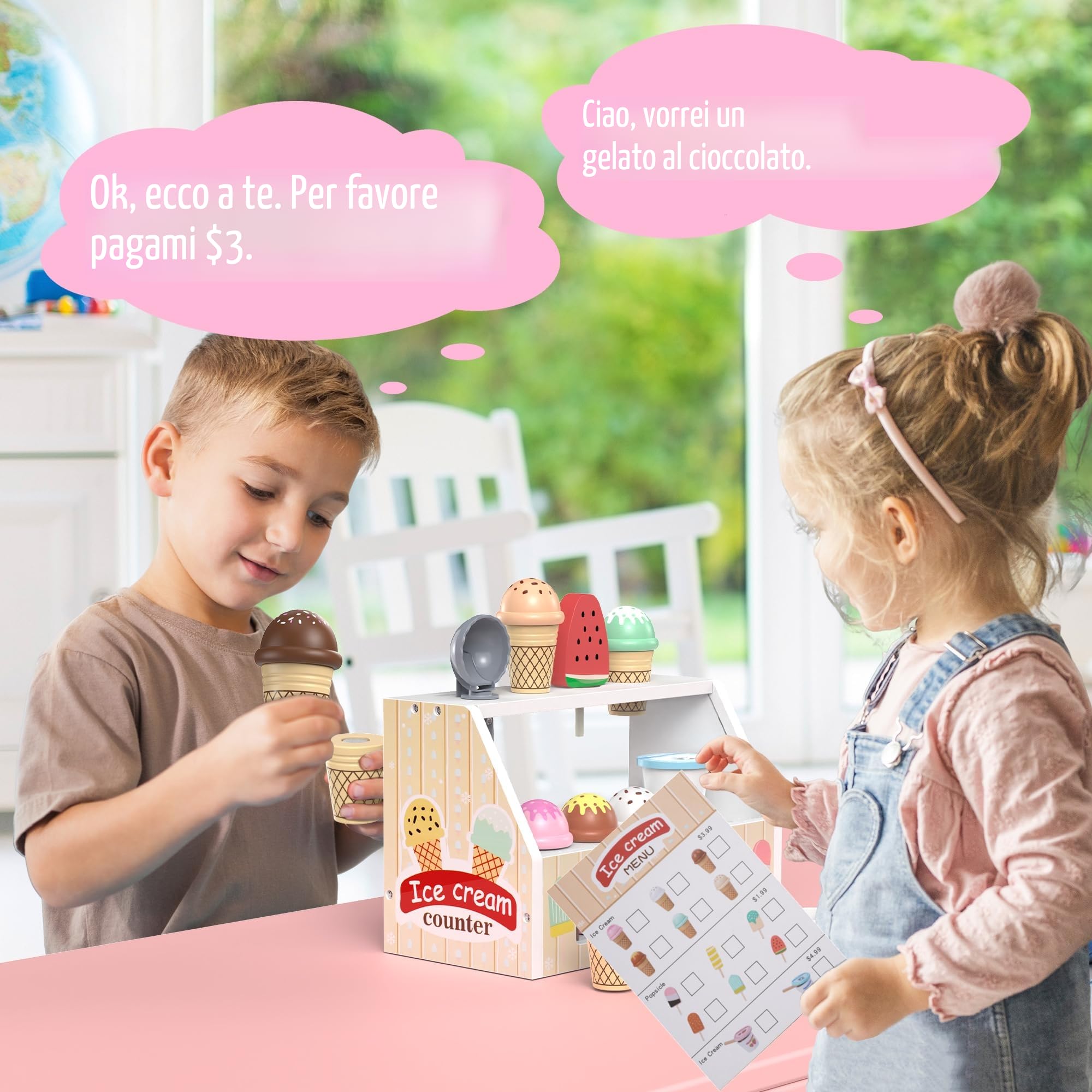 Gelateria giocattoli in legno per bambini da 3 4 5 6 anni ragazzi ragazze, accessori da cucina per bambini, negozio per la spesa, accessori da cucina da gioco in legno
