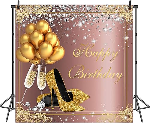 Miniatura 9 de Avezano Telón de fondo de cumpleaños de color oro rosa para mujeres y niñas, globos dorados, tacones altos, fiesta de cumpleaños, sesión de fotos,