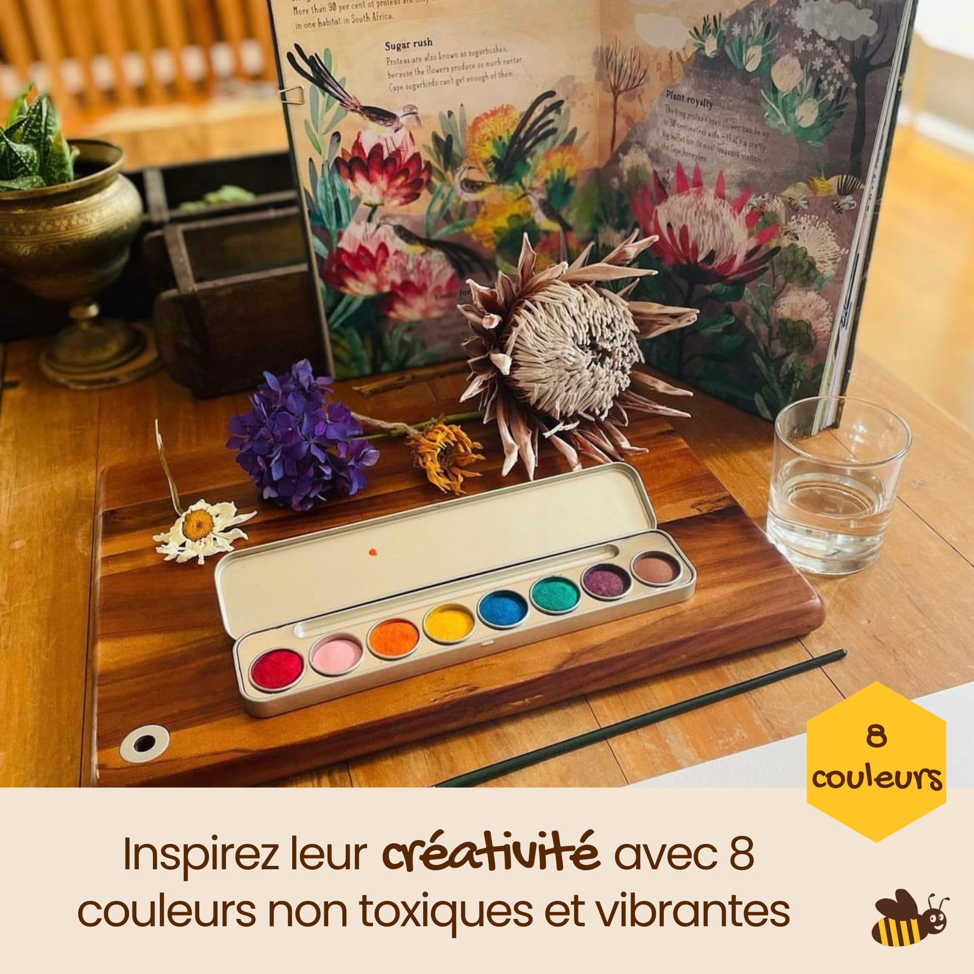 Honeysticks Set de peinture aquarelle non toxique 8 couleurs avec pinceau pour enfants