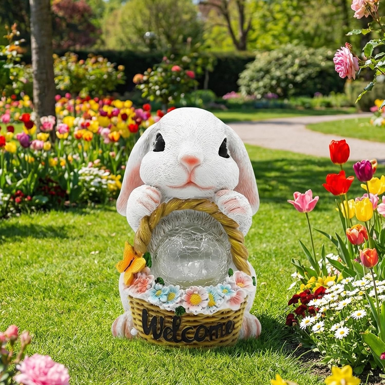 Solar Garden Outdoor Statues Rabbit with Flower Basket, Ideal Gift for Mom, Daddy, Cute Bunny Statue Decor for Lawn, Patio, Yard(White Rabbit)