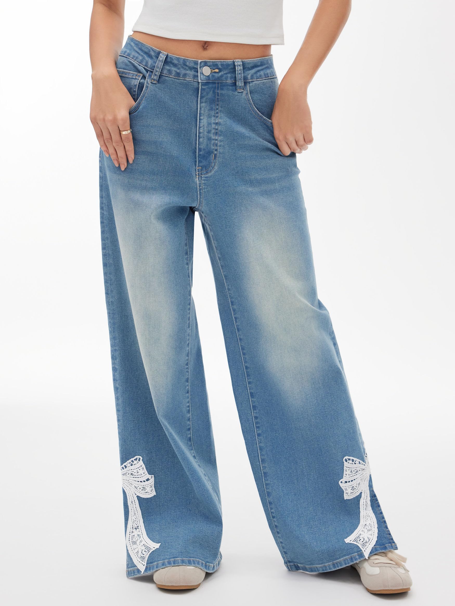 CIDER Baggy Jeans mit weitem Bein für Damen, mittlere Taille, Schleife, Denim-Hose