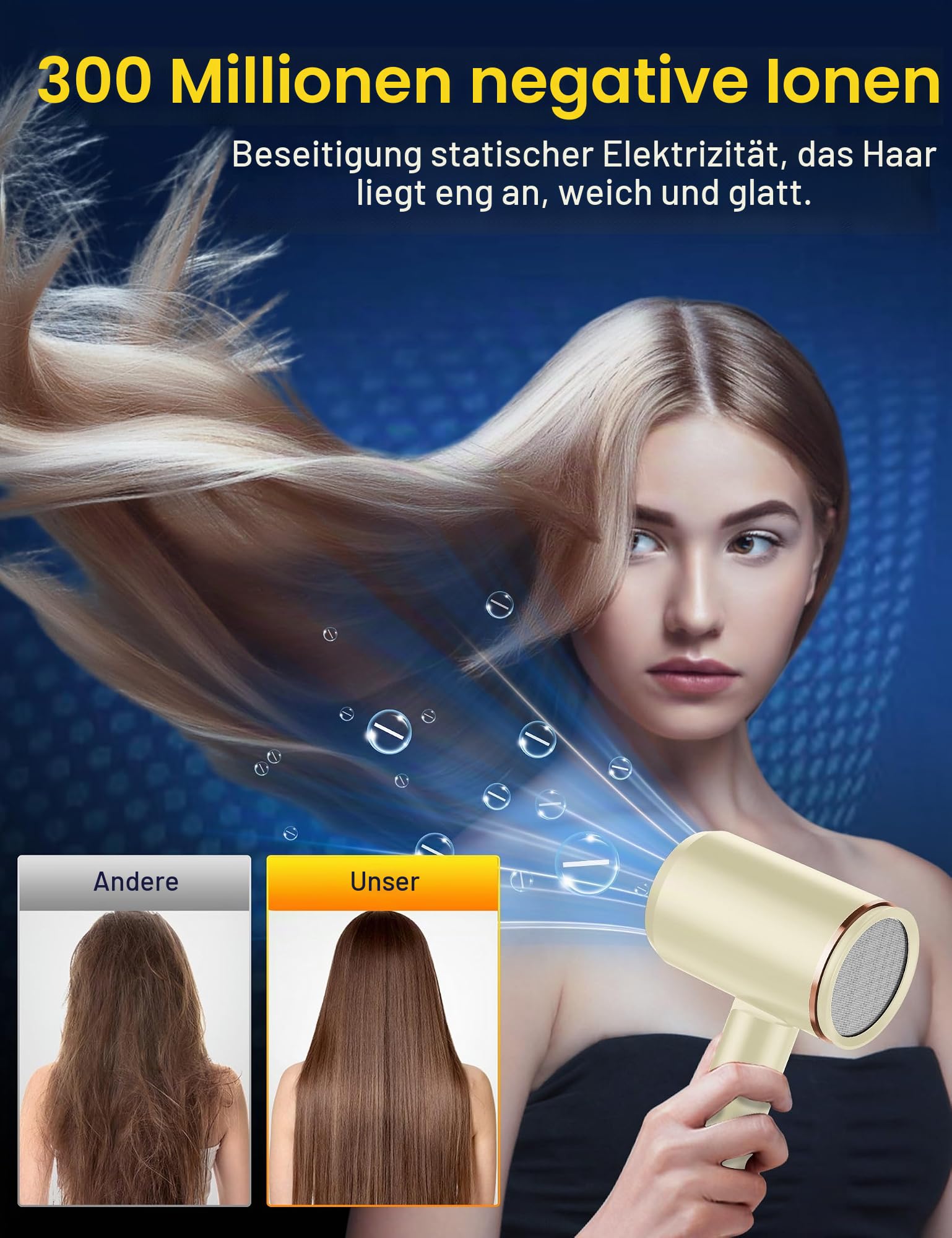 Föhn,Fön,2400W Klappbar Ionen Haartrockner, Schnelltrocknen Hair Dryer, Profi Reisefön mit Heiß-/Kalttaste, 3 Heiz,AC Motor Salon Haarföhn mit Diffusor & Aufbewahrungstasche (Beige)