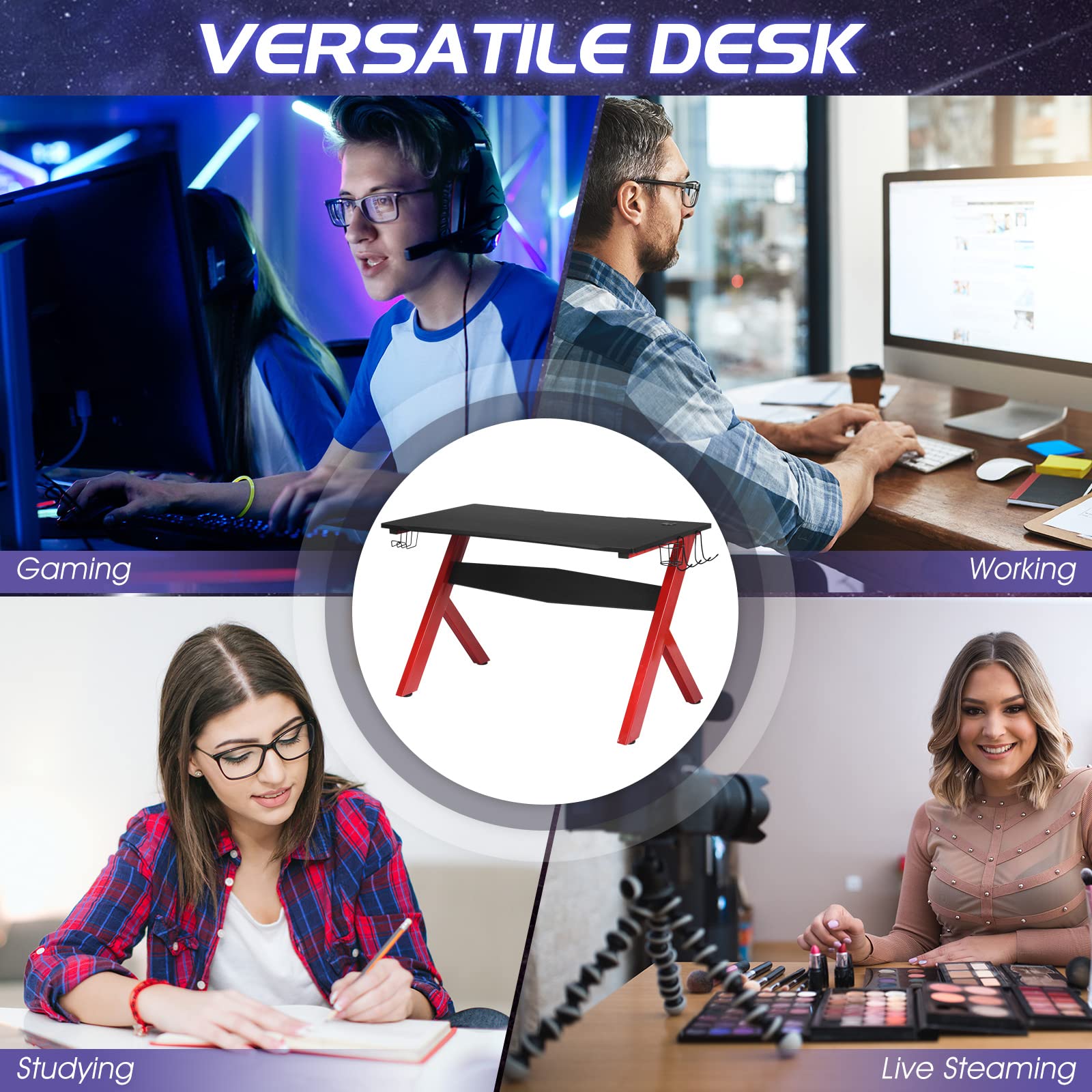 GIANTEX Scrivania da gaming, scrivania ergonomica per computer, tavolo videogiochi con porta bicchiere porta cuffie e tappetino per il mouse, postazione da gamer
