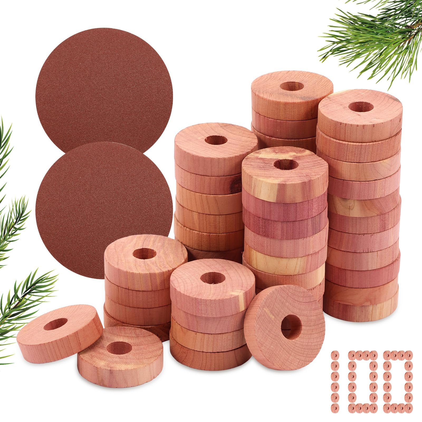 Moth Repellent for Wardrobes 100 Cedar Rings for Clothes Drawers Storage Boxes - 100% Natural Cedarwood Aromatic Insect Repellent & Moth Killer Cedar Wood Rings -2 Sandpaper Include