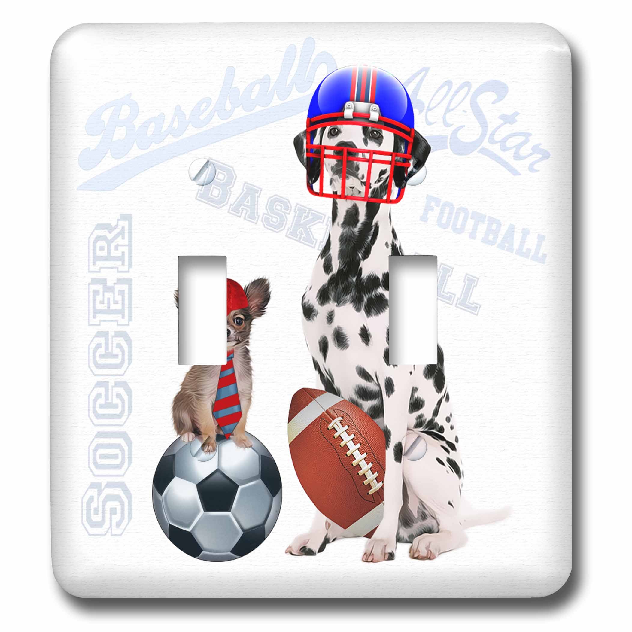 3dRose lsp_127603_2 Dalmatian with Football and Helmet and a Papillon in a Baseball Hat, with Ball and Glove Sport Theme Light Switch Cover