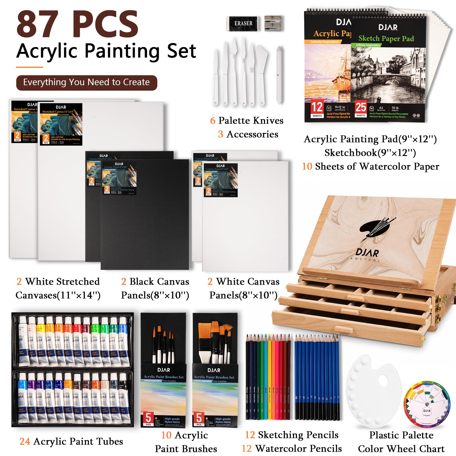 DJAR Set Pittura Acrilica 87 pz con Cavalletto da Tavolo a 3 Cassetti, Kit Completo con 24 Colori, Pannelli Telati e Album da Schizzo