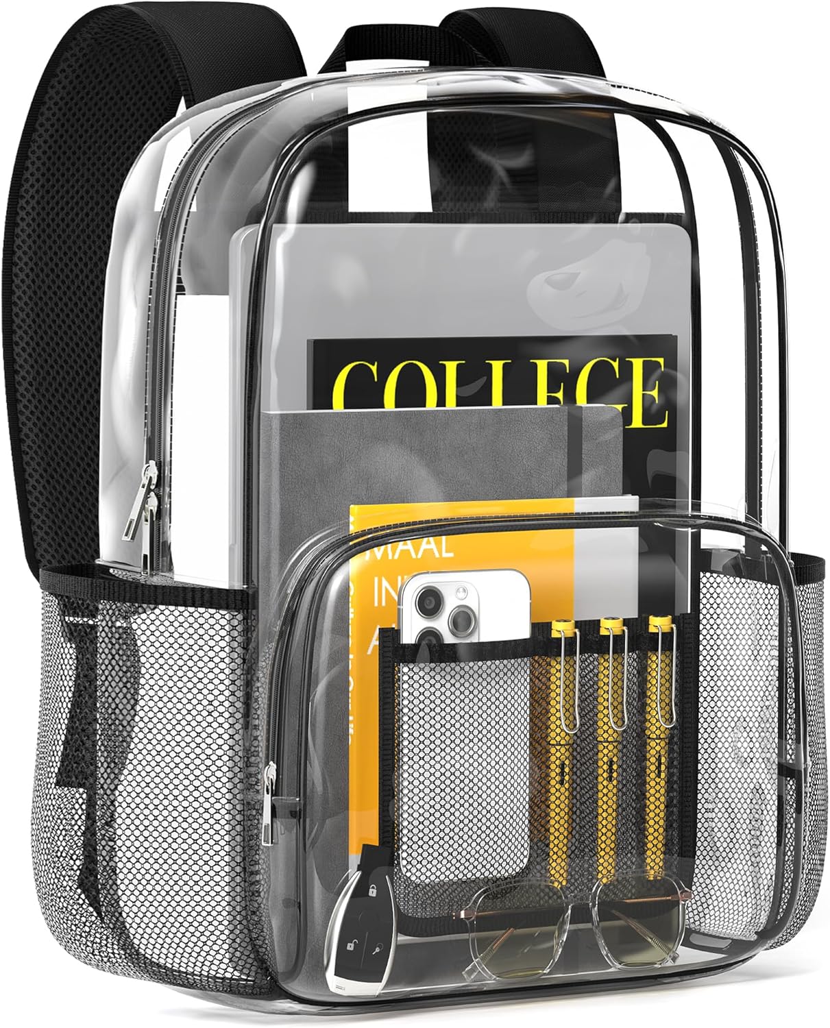 HOTOR Clear Backpack - Multi-Pocket Bookbag, Cold-Resistant PVC Waterproof Work Bag & College Backpack with Padded Shoulder Straps for Travel, Festival, 18.5" x 14.0" x 9.0", Black