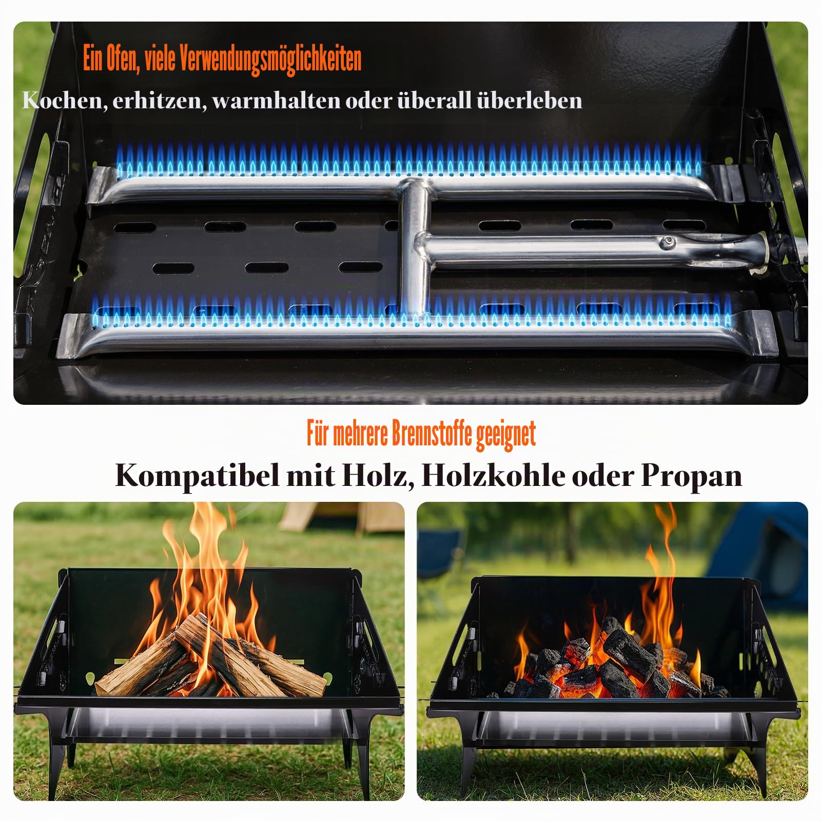 QuliMetal Tragbarer Campinggrill Klappbarer Holz-/Gasgrill mit Tasche | Schwerer Grill & Feuerstelle für Outdoor, Camping, Partys, Terrasse & Garten