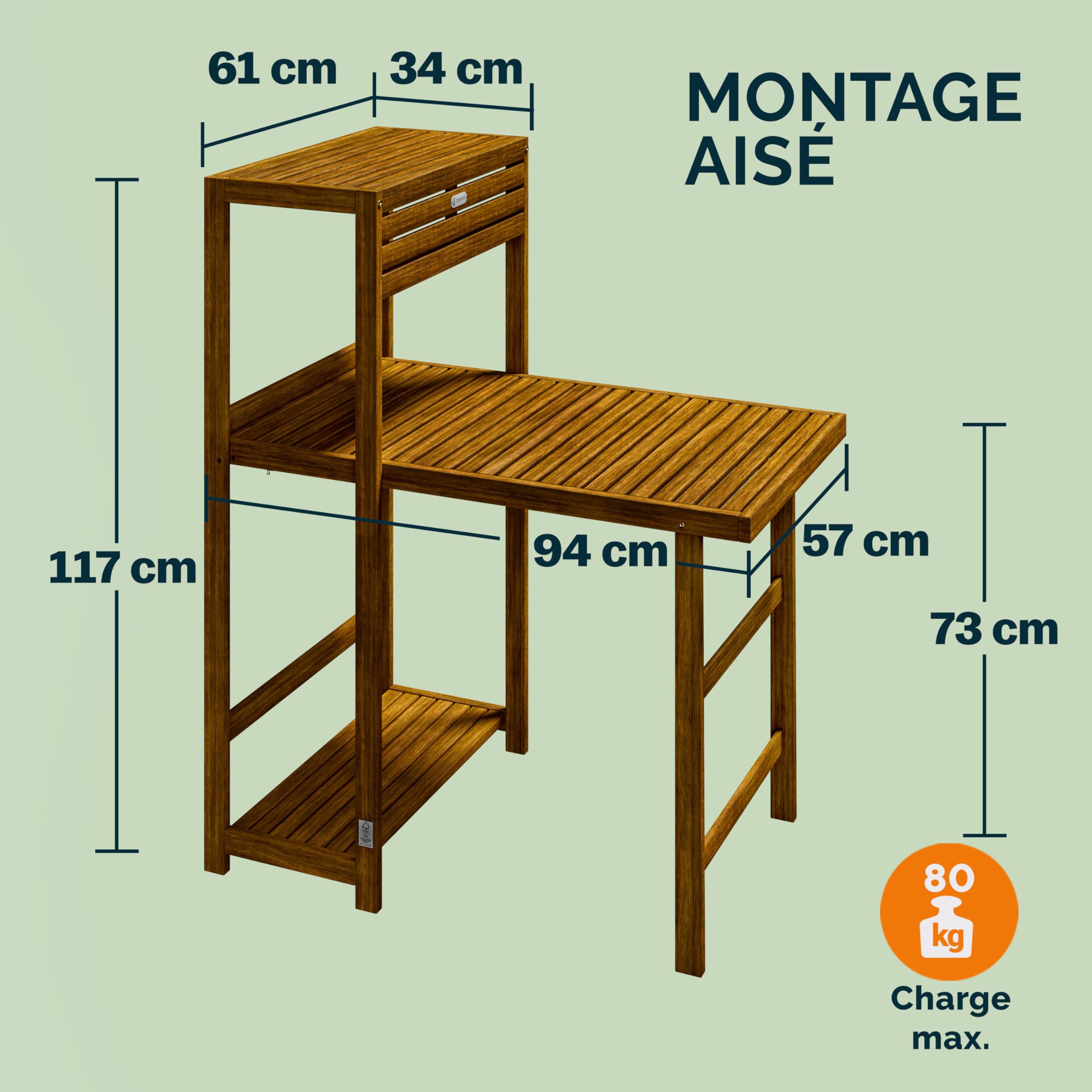 Casaria® Set de Balcon 2 Personnes 3pcs en Bois d'acacia FSC® 94x61x117cm 1 Table 2 chaises unité de Rangement extérieur