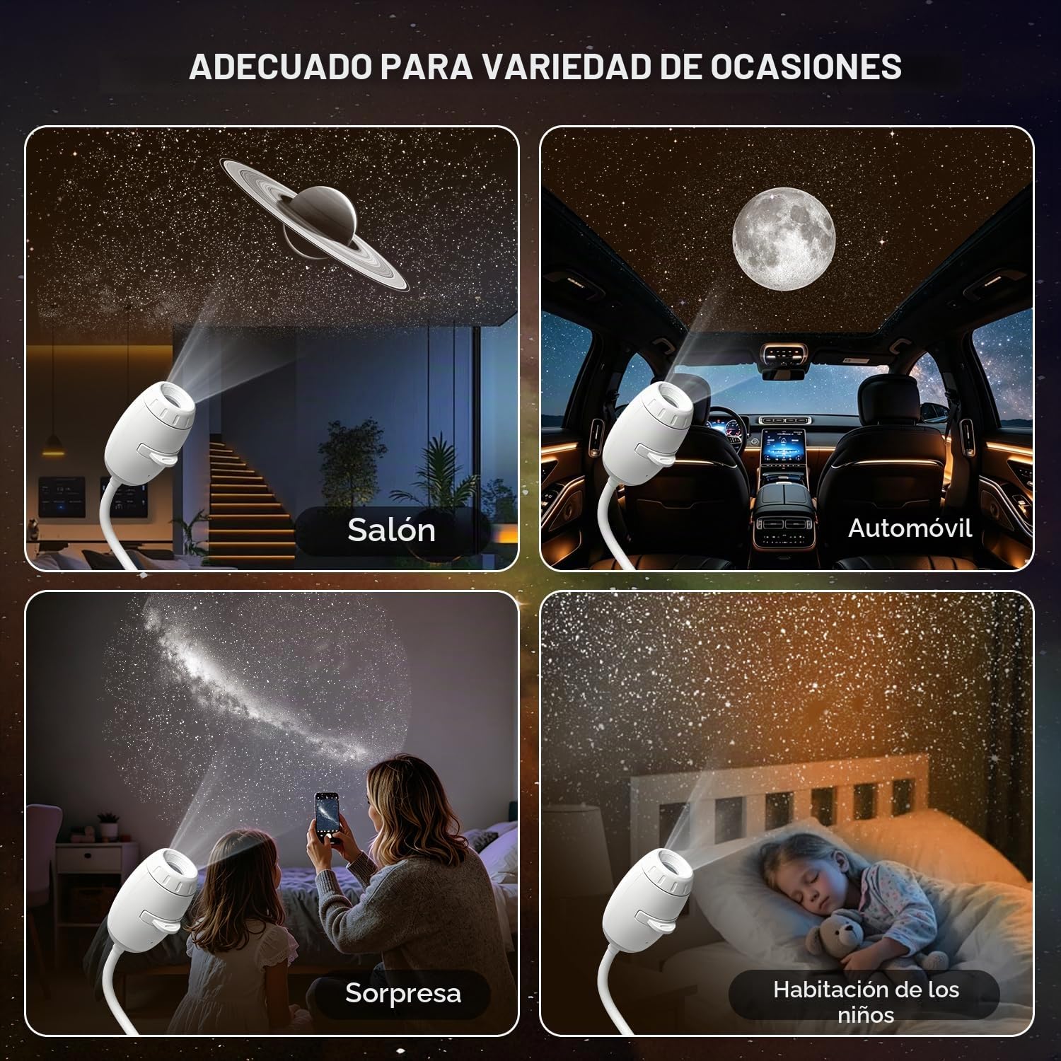 Proyector de galaxia y estrellas 2 en 1, luz nocturna LED espacial ajustable a 360°, proyector de techo USB con 3 películas de proyección deslizantes, luz nocturna planeta estelar