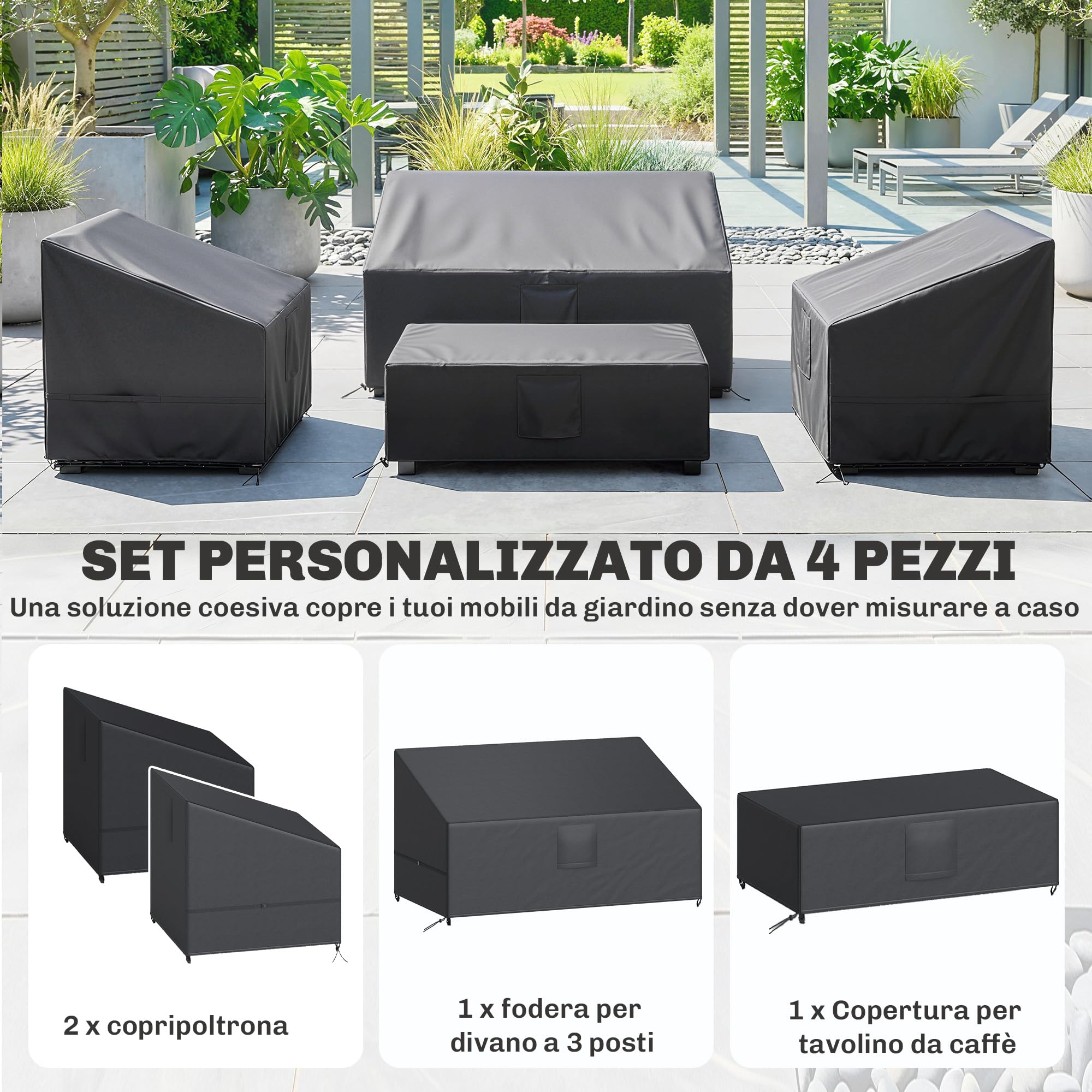 Outsunny Coperture per Mobili da Esterno Set 4 Pezzi, 420D Oxford Impermeabile, Copertura per Tavolo, Poltrone e Divano da Giardino con 6 Prese d'Aria, Antivento, Nero