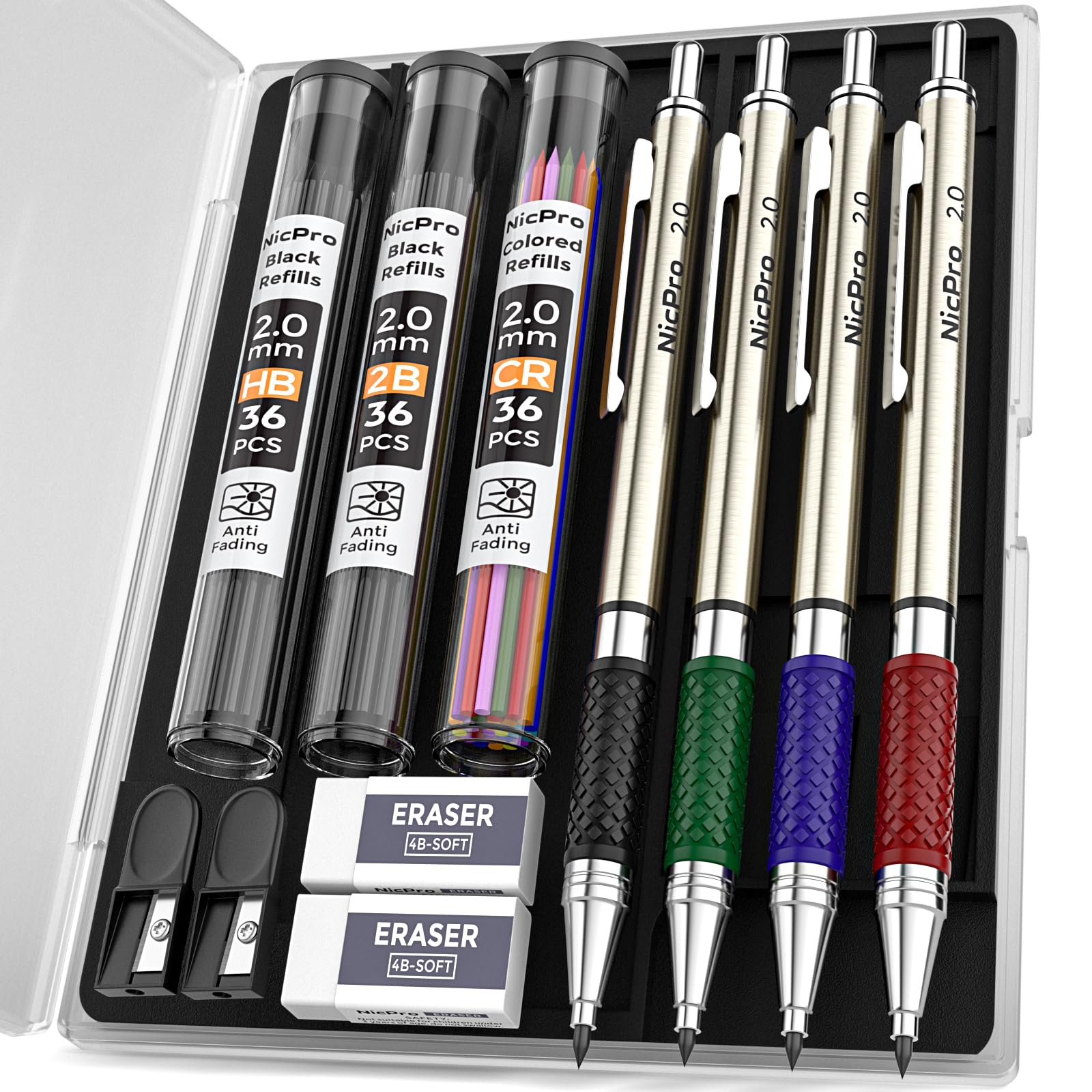 Nicpro4 PCS Premium 2.0 mm Mechanical Pencils Set, 108 Colored & Black (HB 2B) Lead Refills, Art Metal 2mm Carpenter Pencil with 2 Erasers, 2 Sharpeners for Drafting Sketching Drawing with Case