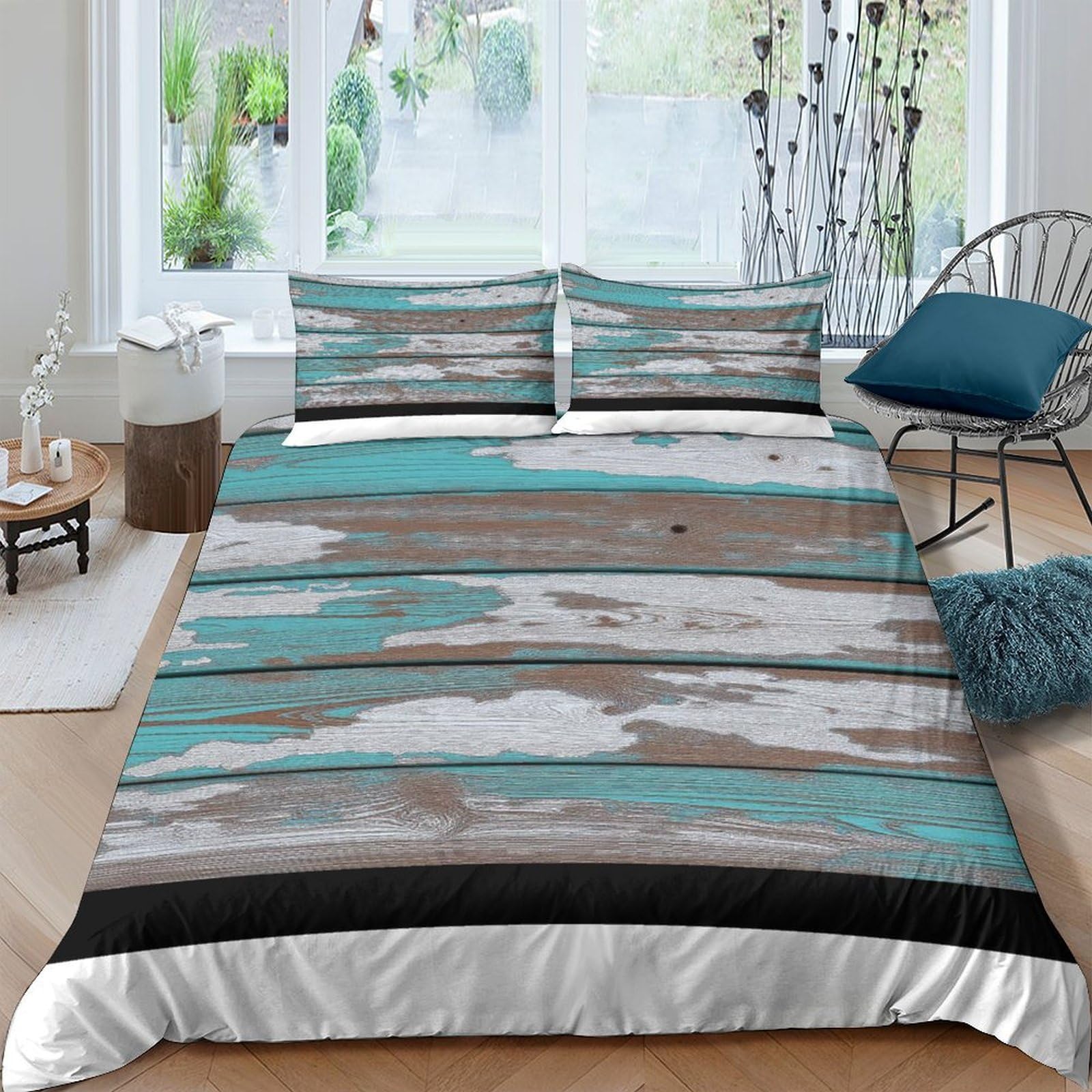Ctjqhvkz Style-6 3D Printed Rustic Wood Grain Fitted Sheet Microfiber Grey Blue Plank Mattress Cover Non Slip Easy Care For Bedroom Home Single（135X200cm）