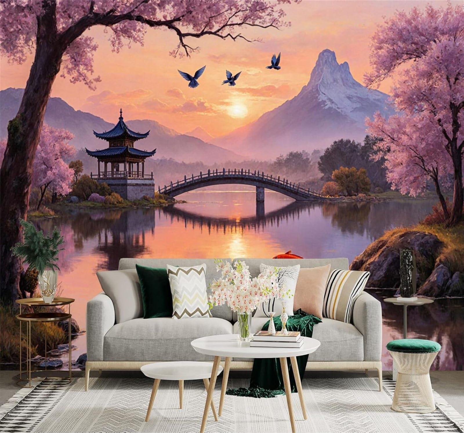 XLMING Cherry Blossoms Pagoda Bridge Sunset Red Koi 3D Wallpaper Silky Texture Home Study Office Grey Dining Room Sofa Bedroom Living Room TV Backdrop-400cm×280cm