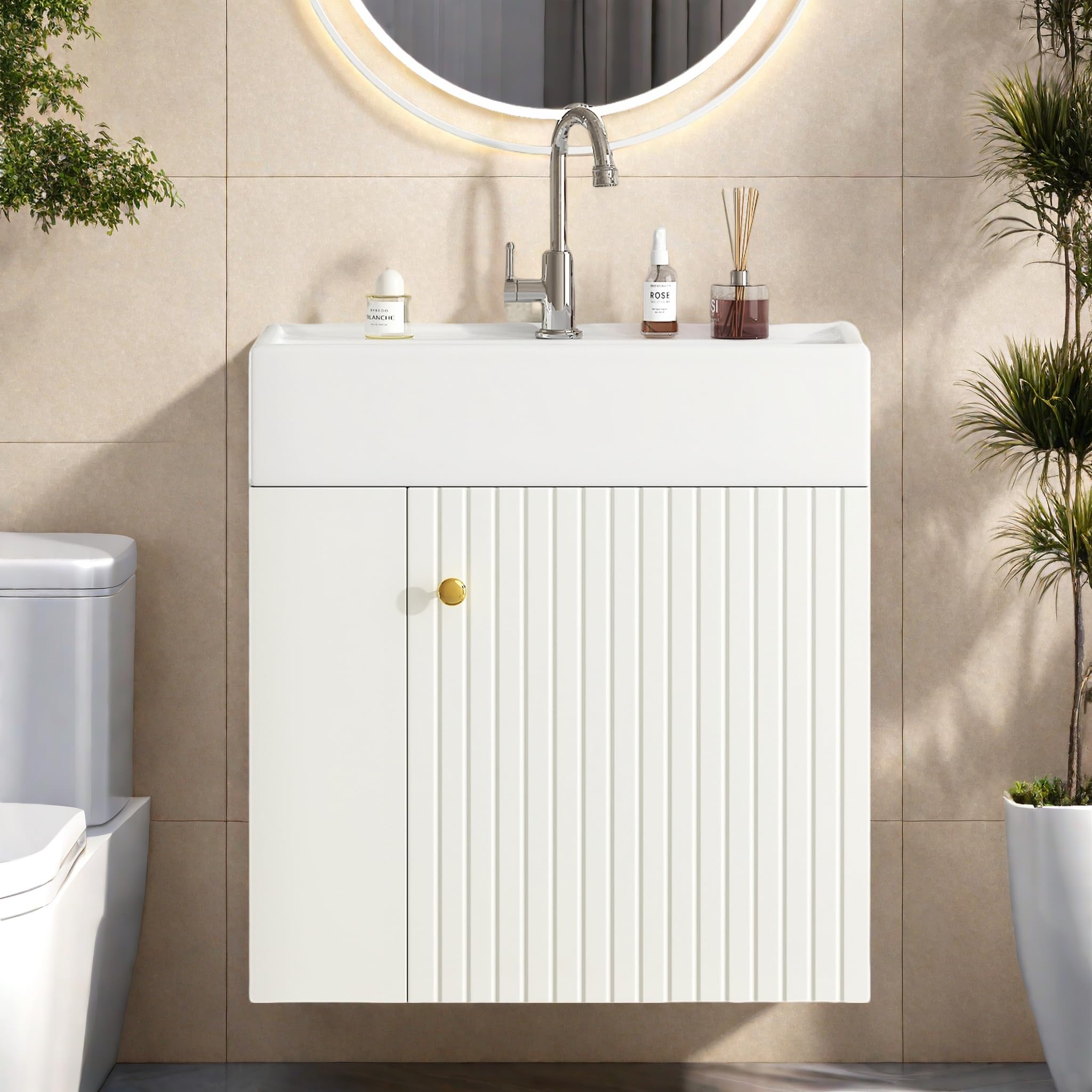 Mobile da bagno sospeso da 55 cm, con lavello in ceramica, moderno mobile da parete con anta scanalata e ripiano aperto, per casa, bagno, piccolo spazio, senza rubinetto (bianco)