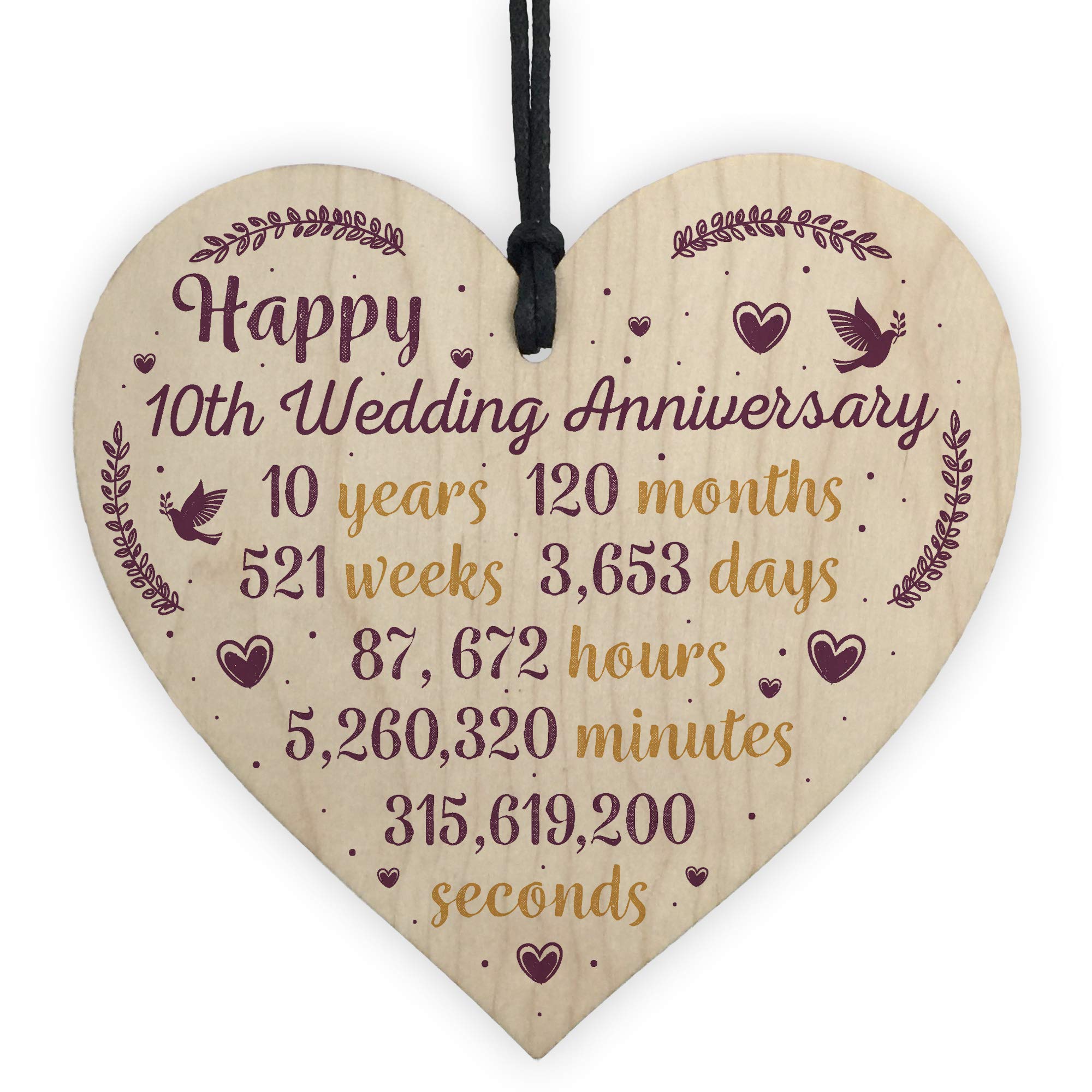 Red Ocean Handmade Wooden Heart Plaque 10th Wedding Anniversary For Her Him Husband Wife Congratulations
