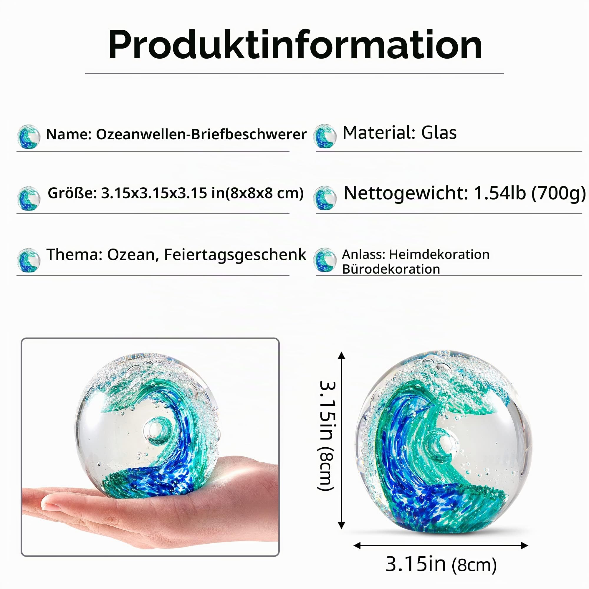 EUSTUMA Handgeblasene Glasfigur mit Ozeanwellen, Glaskugel, Briefbeschwerer, Dekoration für Zuhause und Büro, für Aquarienliebhaber