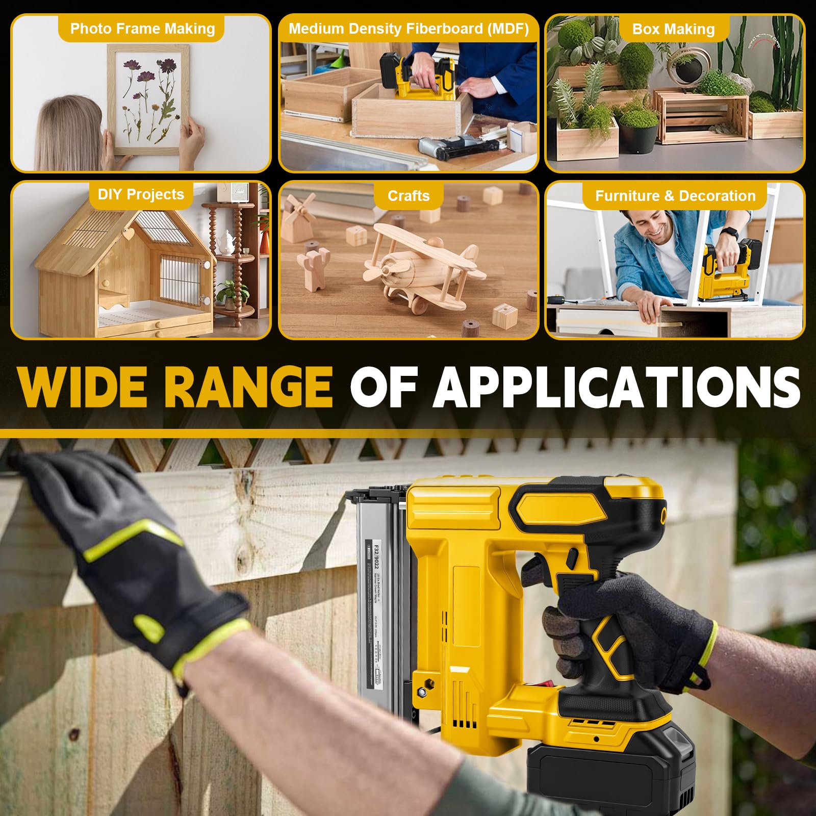 WingFly Akku Tacker Nagelpistole Kompatibel mit Dewalt 18V,20v, Professional Akku-Nagler mit 1000 Nägel, Elektrotacker für DIY-Projekte in Möbeln, Tischlerei (ohne Batterie)