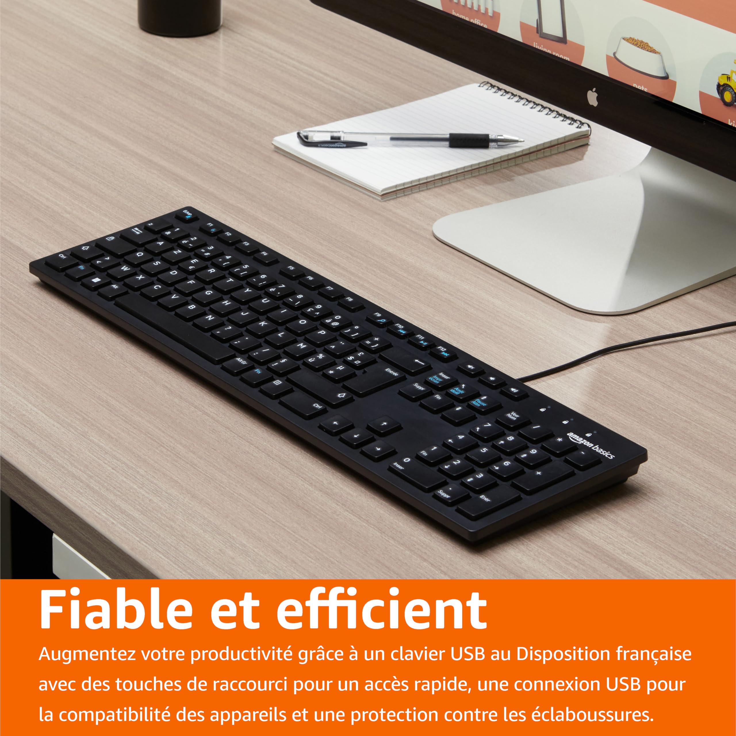 Amazon Basics Clavier USB filaire discret disposition française noir mat