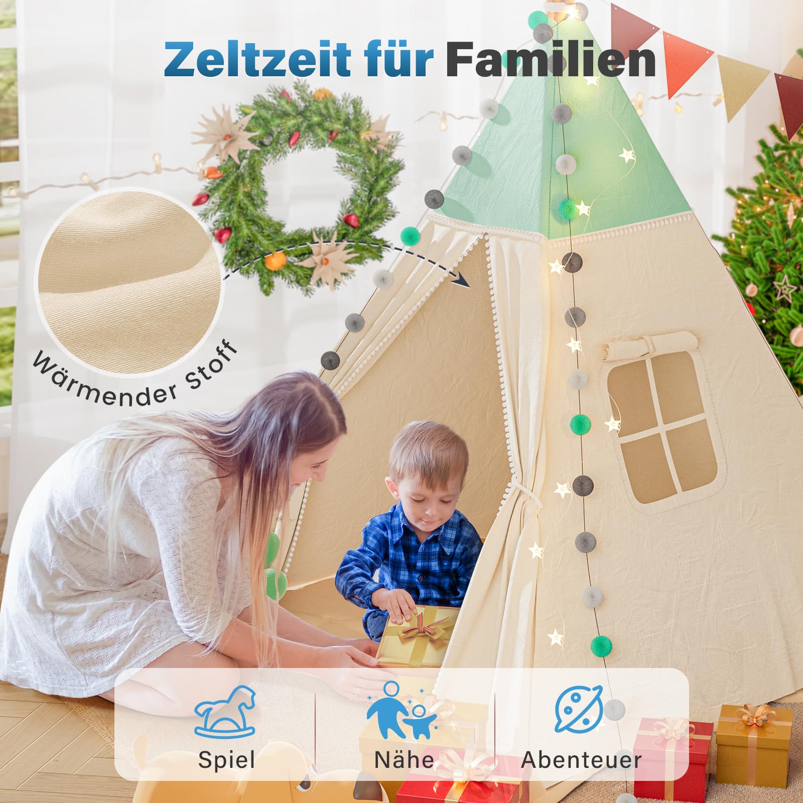 Tipi tenda per bambini, tenda da gioco con coperta imbottita, catena luminosa, borsa per il trasporto, stile Montessori, per bambini, colore: verde chiaro