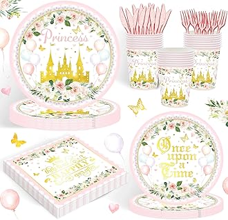 120PCS Princess Party Supplies for Girls Kids Baby Shower 1st Birthday Fairytale Castle Themed Party Decorations Once Upon A Time Tableware Set Plates Napkins Cups Set for 20 Guests