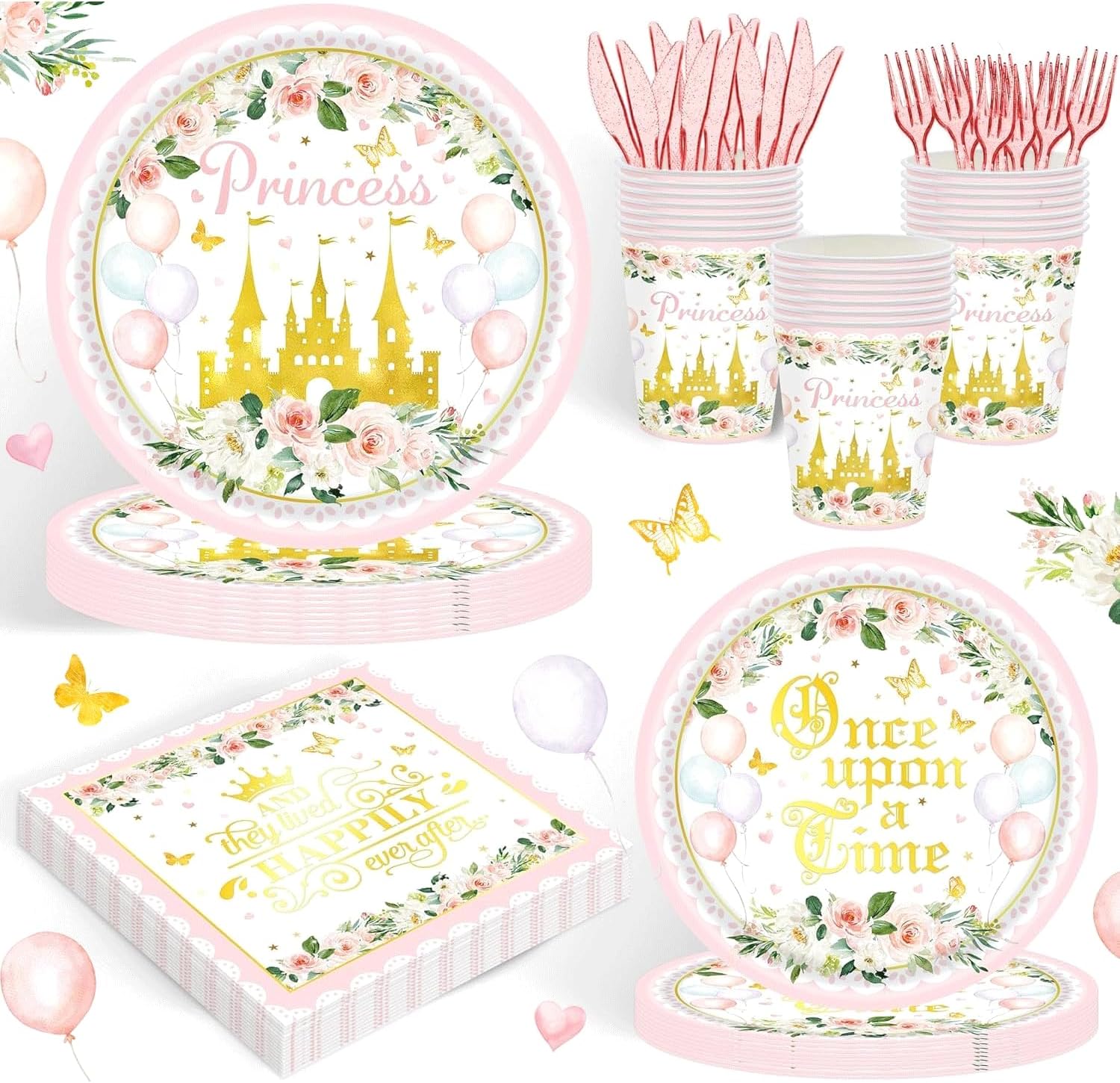 120PCS Princess Party Supplies for Girls Kids Baby Shower 1st Birthday Fairytale Castle Themed Party Decorations Once Upon A Time Tableware Set Plates Napkins Cups Set for 20 Guests